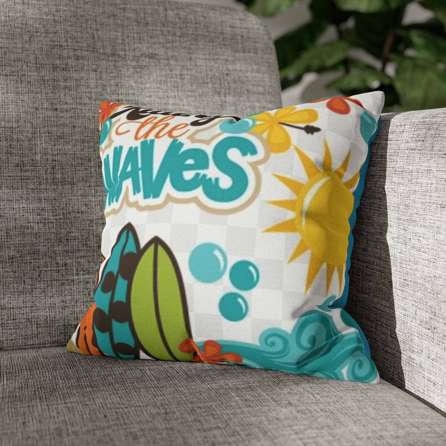 Turquoise Riding the wave Polyester Square Pillow | Spun Polyester Square Pillow Case | Surfboard | flower Décor pillow