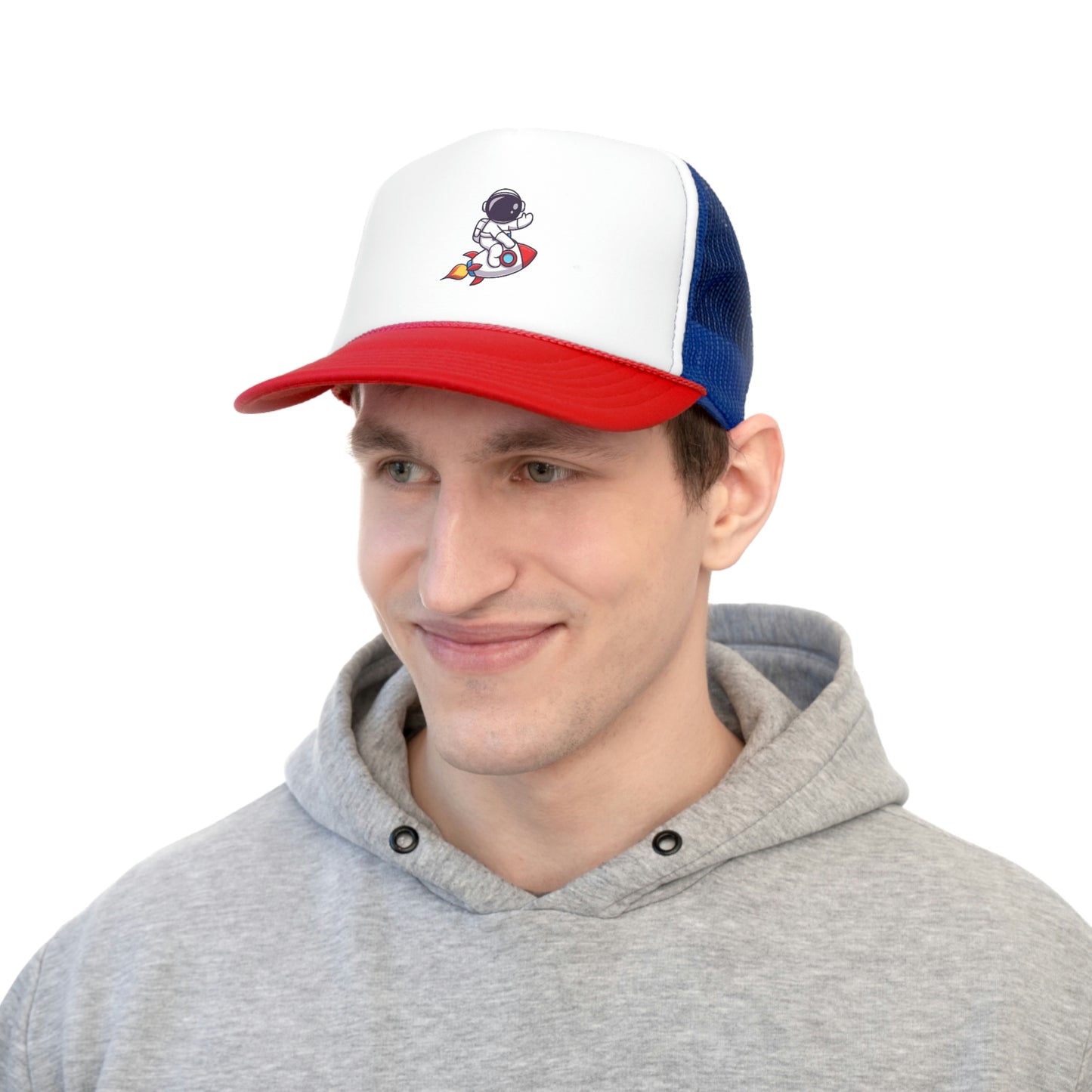 Hat Embark on a Cosmic Journey with Our Trucker Hat Featuring an Astronaut Riding a Spaceship