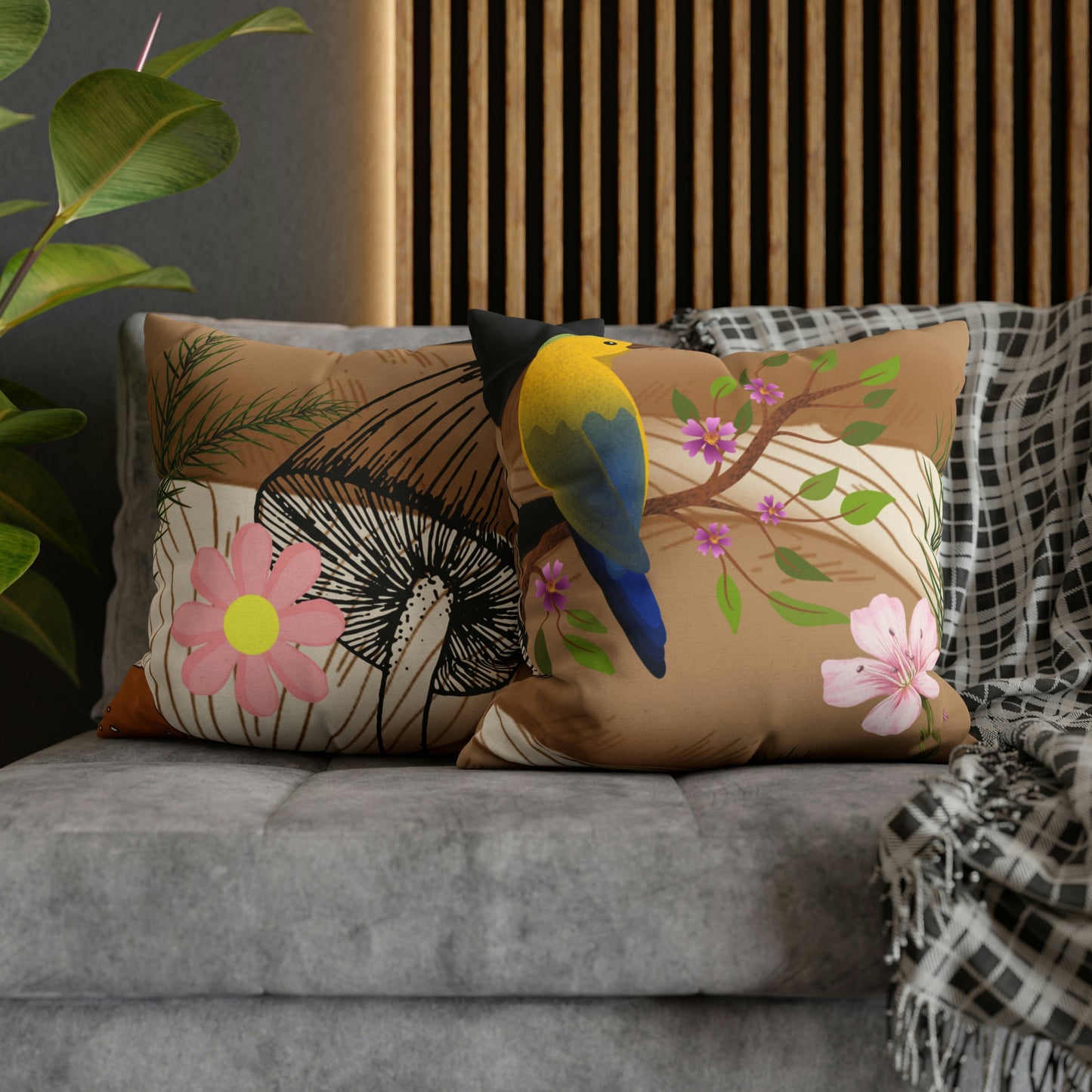 Mushroom Polyester Square Pillow | Spun Polyester Square Pillow Case | flower Playing card | Bird Décor pillow