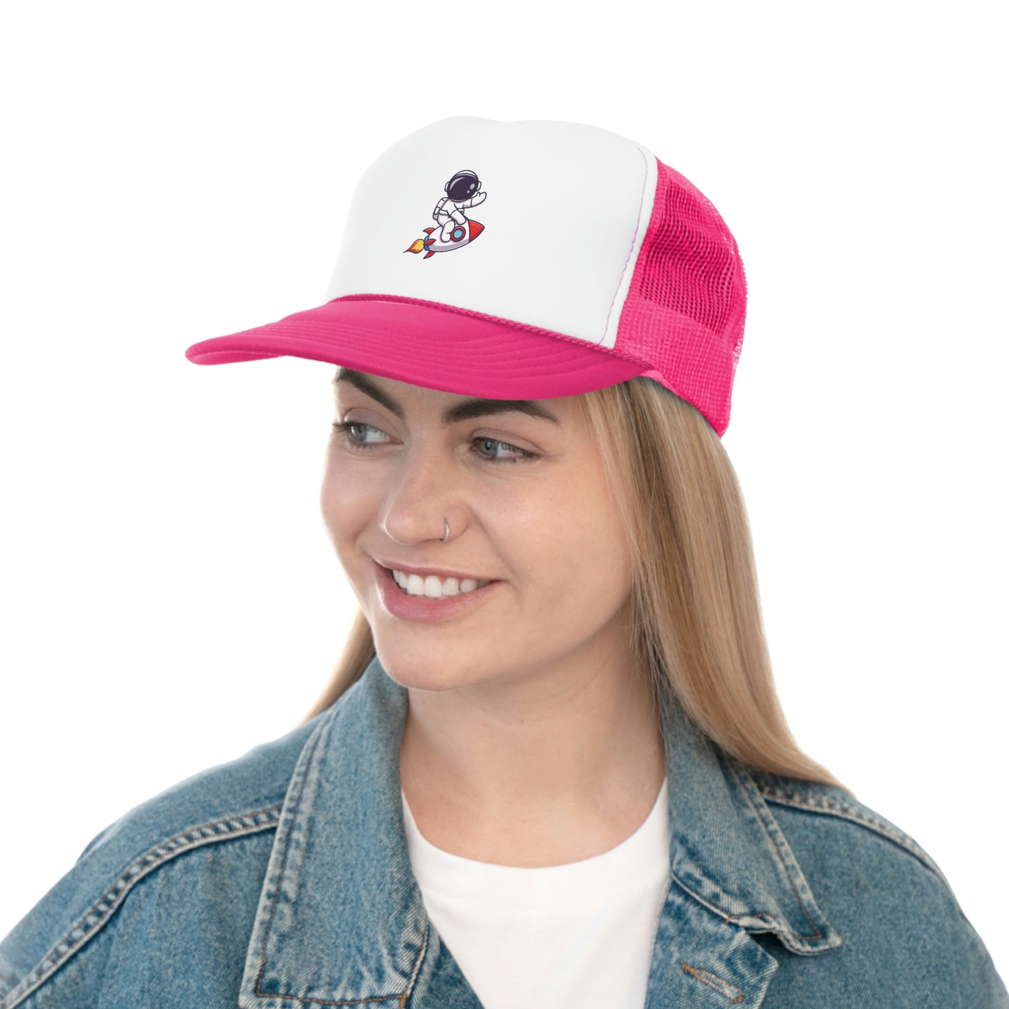 Hat Embark on a Cosmic Journey with Our Trucker Hat Featuring an Astronaut Riding a Spaceship
