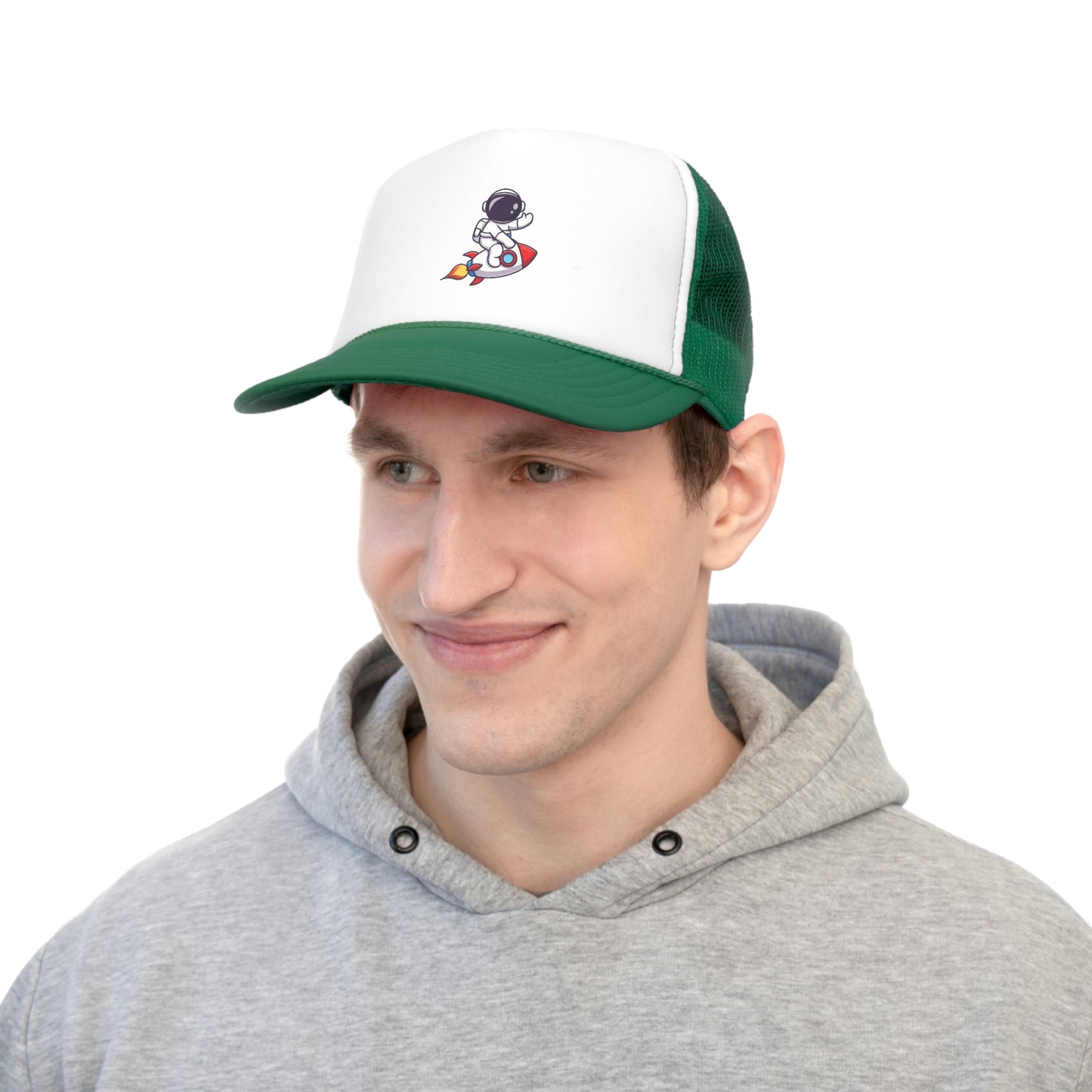 Hat Embark on a Cosmic Journey with Our Trucker Hat Featuring an Astronaut Riding a Spaceship