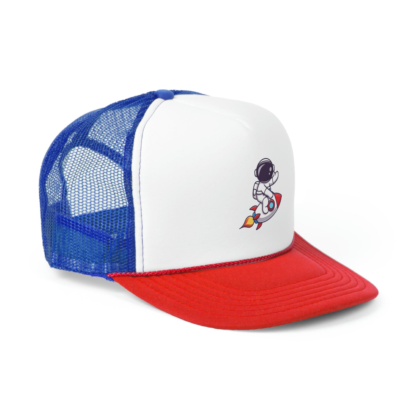 Hat Embark on a Cosmic Journey with Our Trucker Hat Featuring an Astronaut Riding a Spaceship