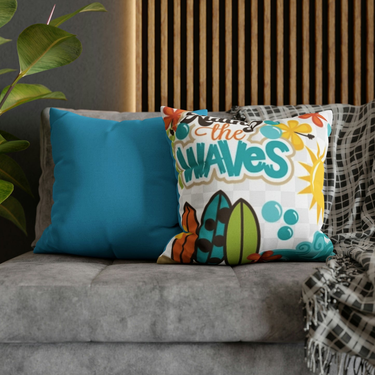 Turquoise Riding the wave Polyester Square Pillow | Spun Polyester Square Pillow Case | Surfboard | flower Décor pillow