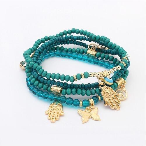 Lucky Kabbalah Hamsa Third Eye Butterfly Charm Multilayer Turkish Bead Bracelet