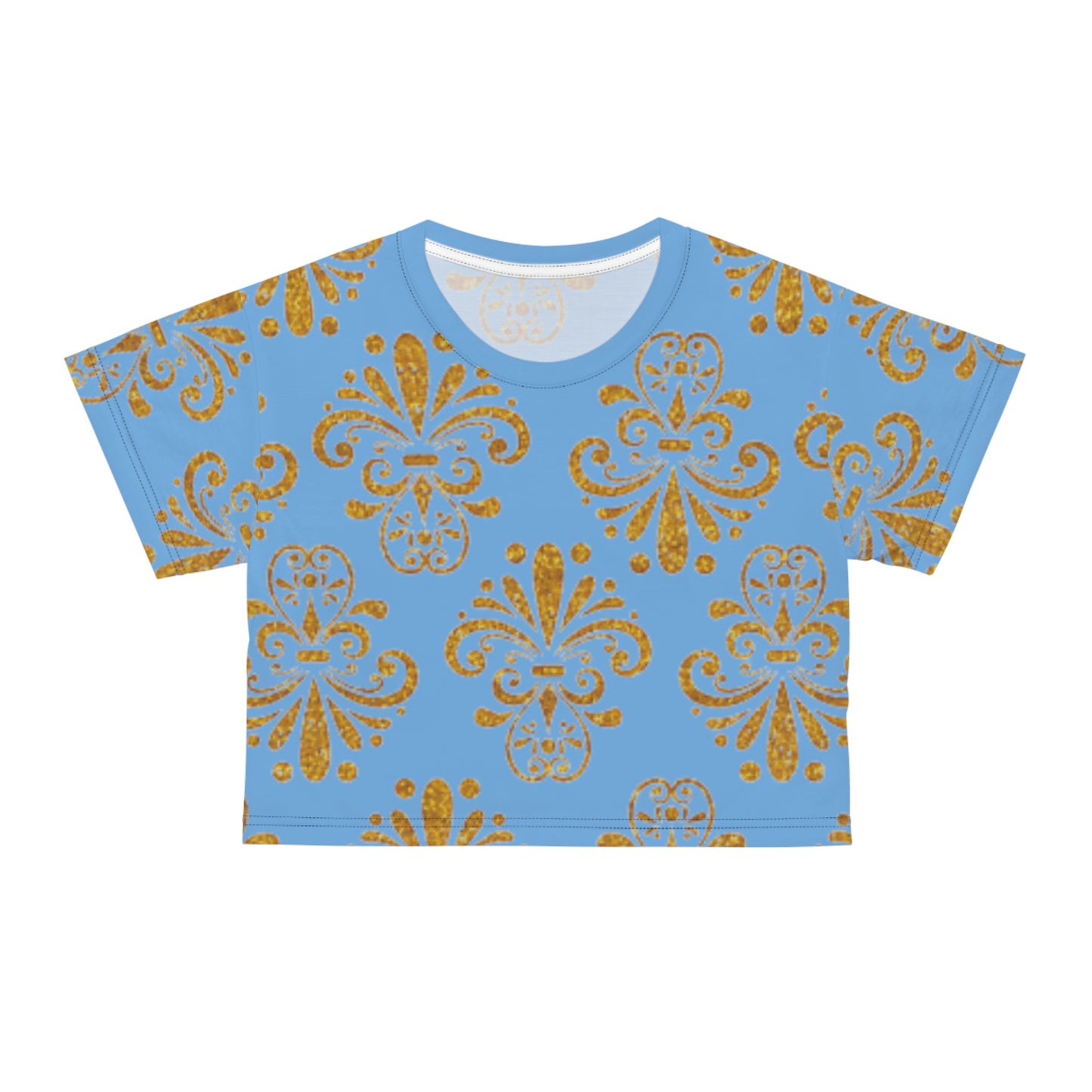 Women Blue and Gold Pattern Short Sleeve Shirt Crop Tee