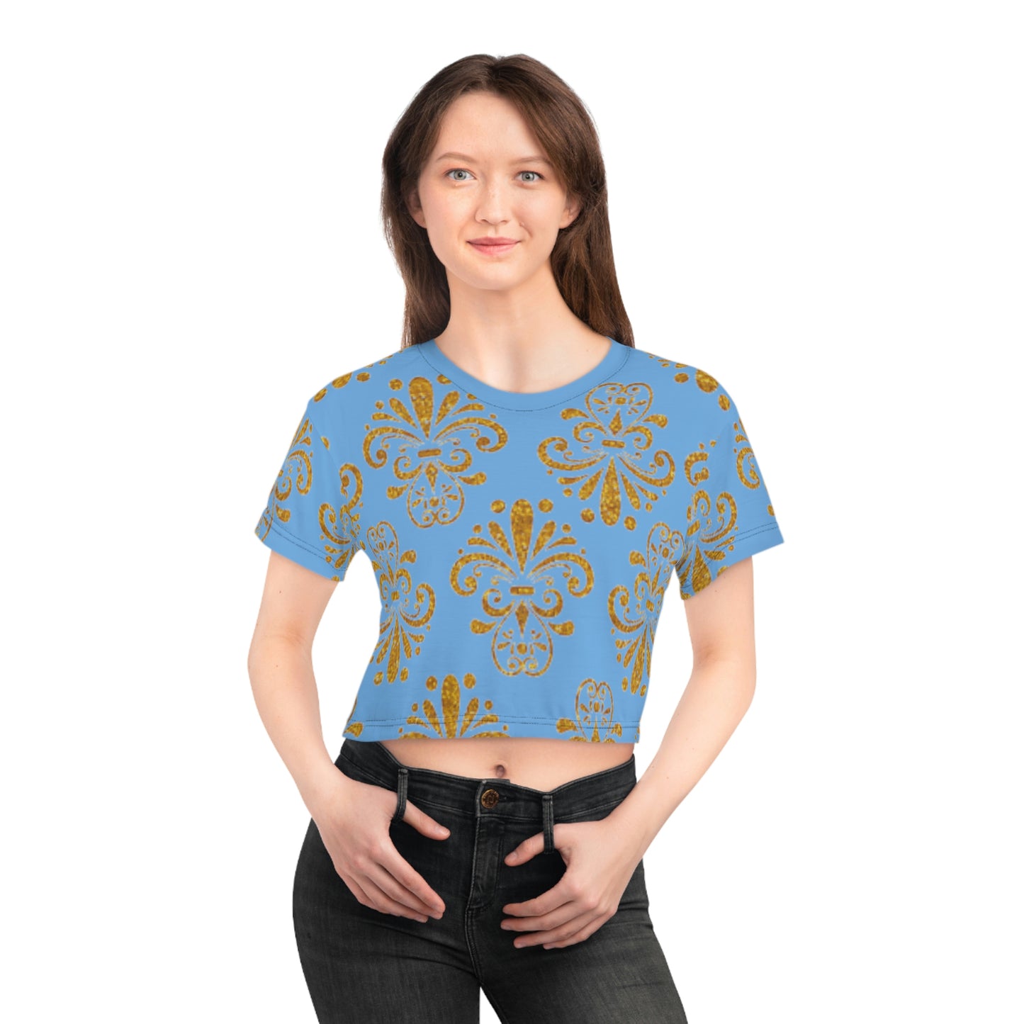 Women Blue and Gold Pattern Short Sleeve Shirt Crop Tee