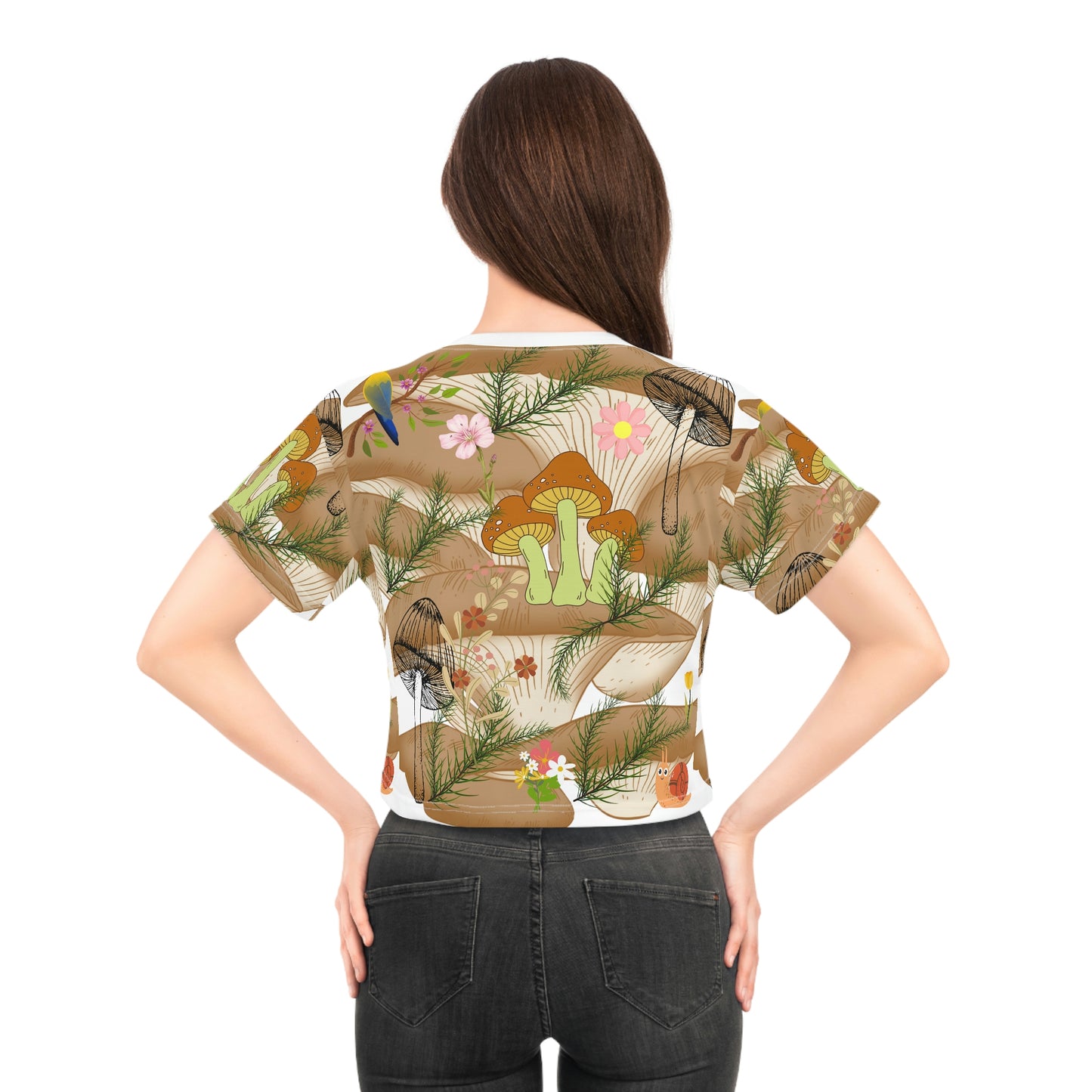 Bring Nature's Beauty to Your Wardrobe with a Women's T-Shirt Featuring Mushroom, Bird, and Flower Designs! AOP Crop Tee