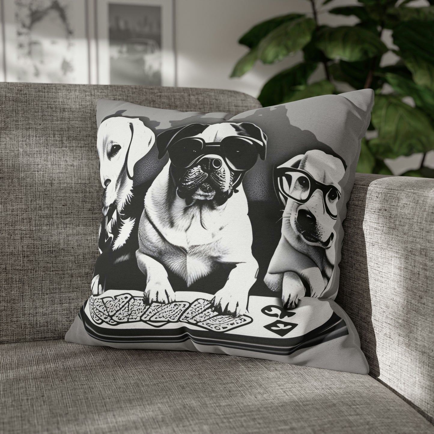Grey Scripture Spun Polyester Square Pillow | Spun Polyester Square Pillow Case | Dogs Playing card | Dog Décor pillow