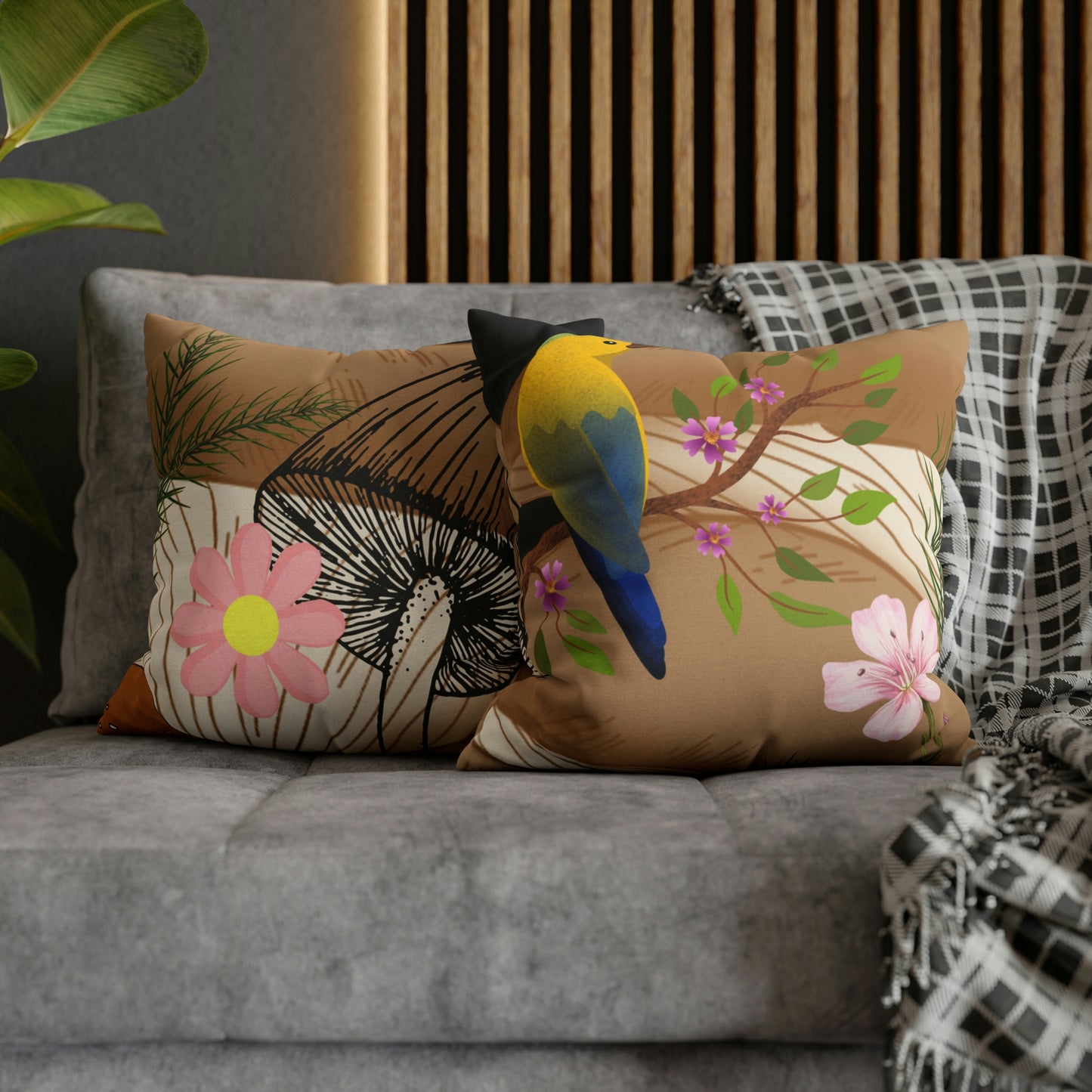 Mushroom Polyester Square Pillow | Spun Polyester Square Pillow Case | flower Playing card | Bird Décor pillow