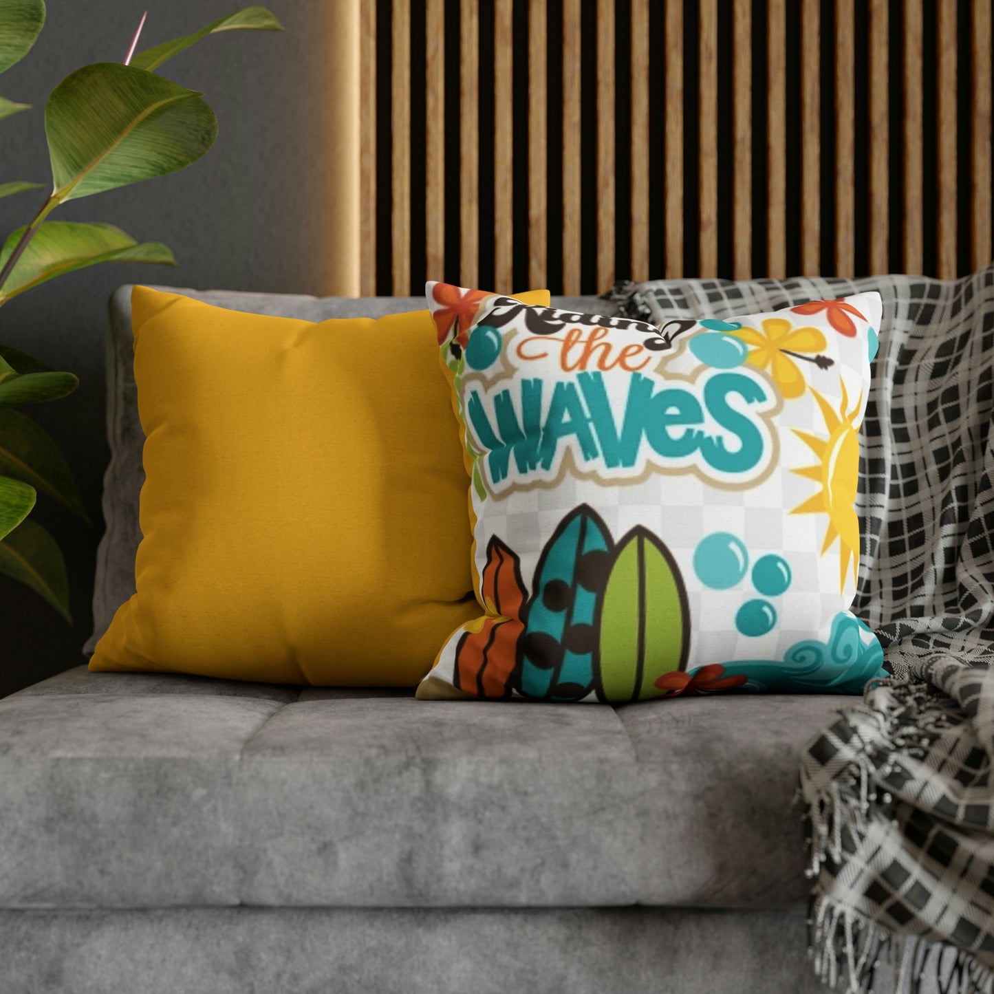 Yellow Riding the wave Polyester Square Pillow | Spun Polyester Square Pillow Case | flower Playing card | Bird Décor pillow