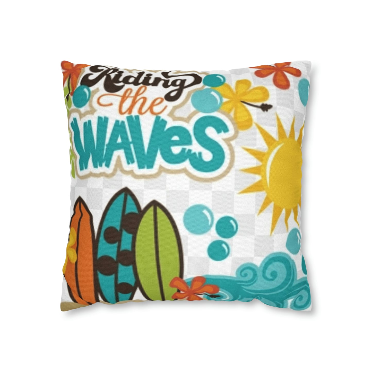 Turquoise Riding the wave Polyester Square Pillow | Spun Polyester Square Pillow Case | Surfboard | flower Décor pillow