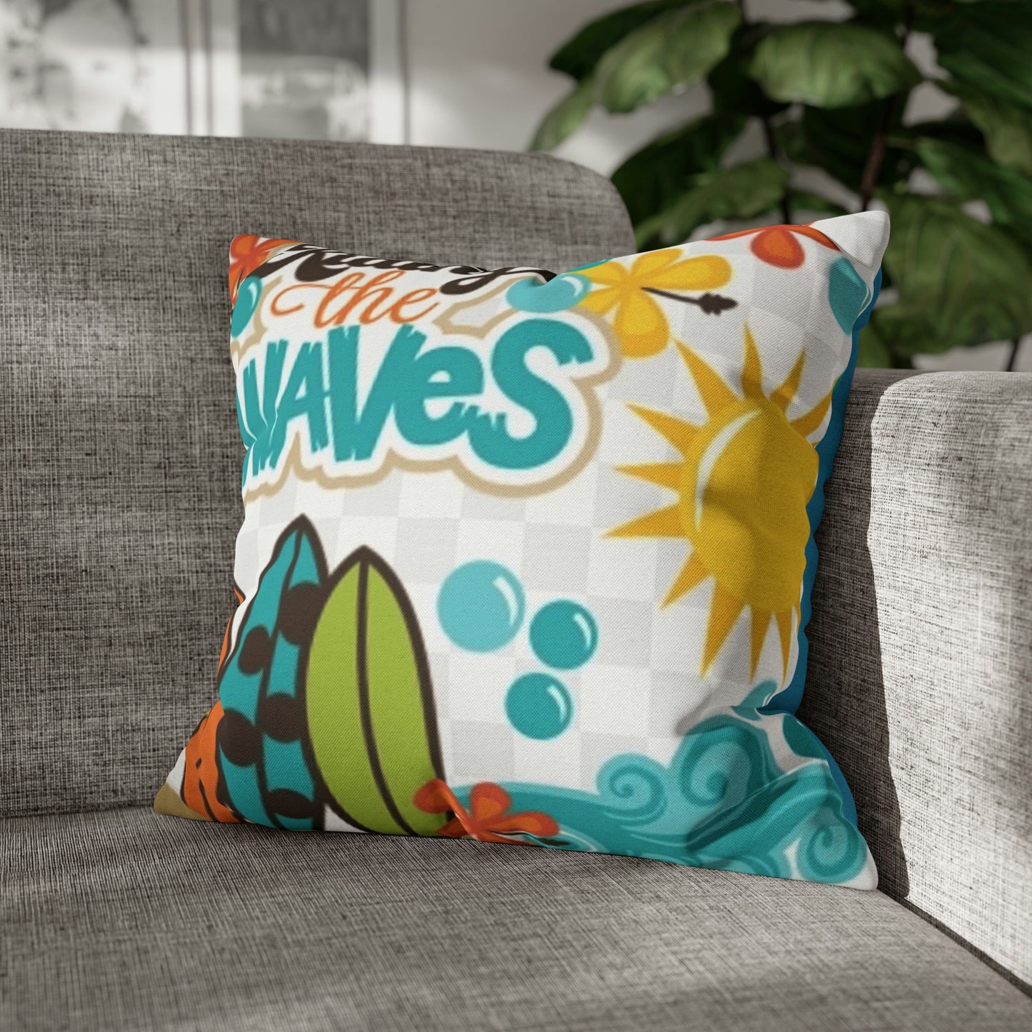 Turquoise Riding the wave Polyester Square Pillow | Spun Polyester Square Pillow Case | Surfboard | flower Décor pillow