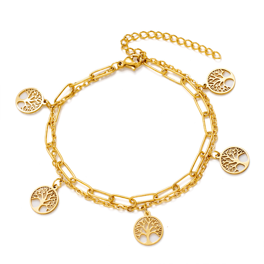 Double Layer Gold Stainless Steel Chain Bracelet Butterfly Heart Dog Paw Tree Of Life Charm Bracelets For Women