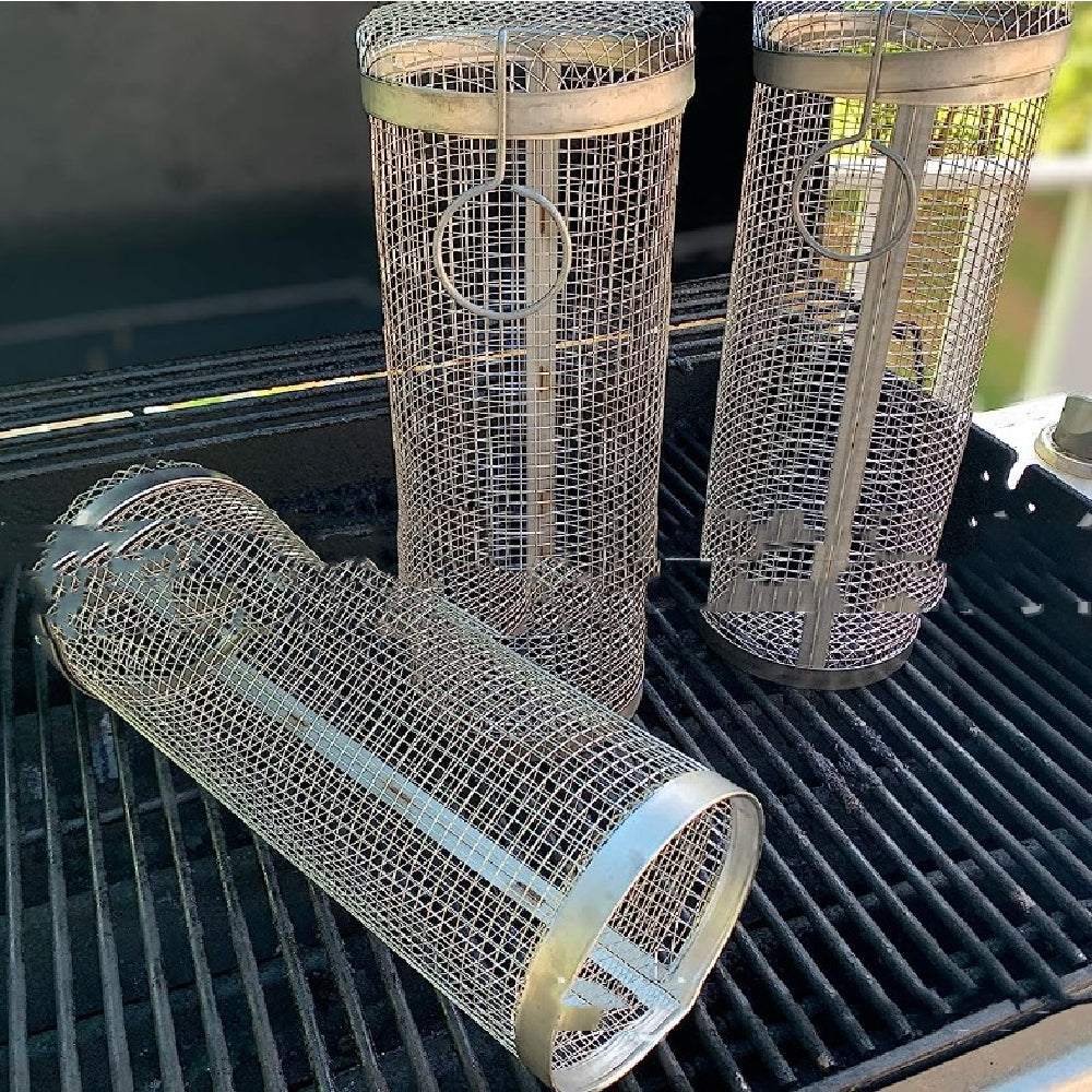Rolling Grilling Basket Metal BBQ Barbecue Basket Net Portable Outdoor Camping Barbecue Rack Kitchen Gadgets