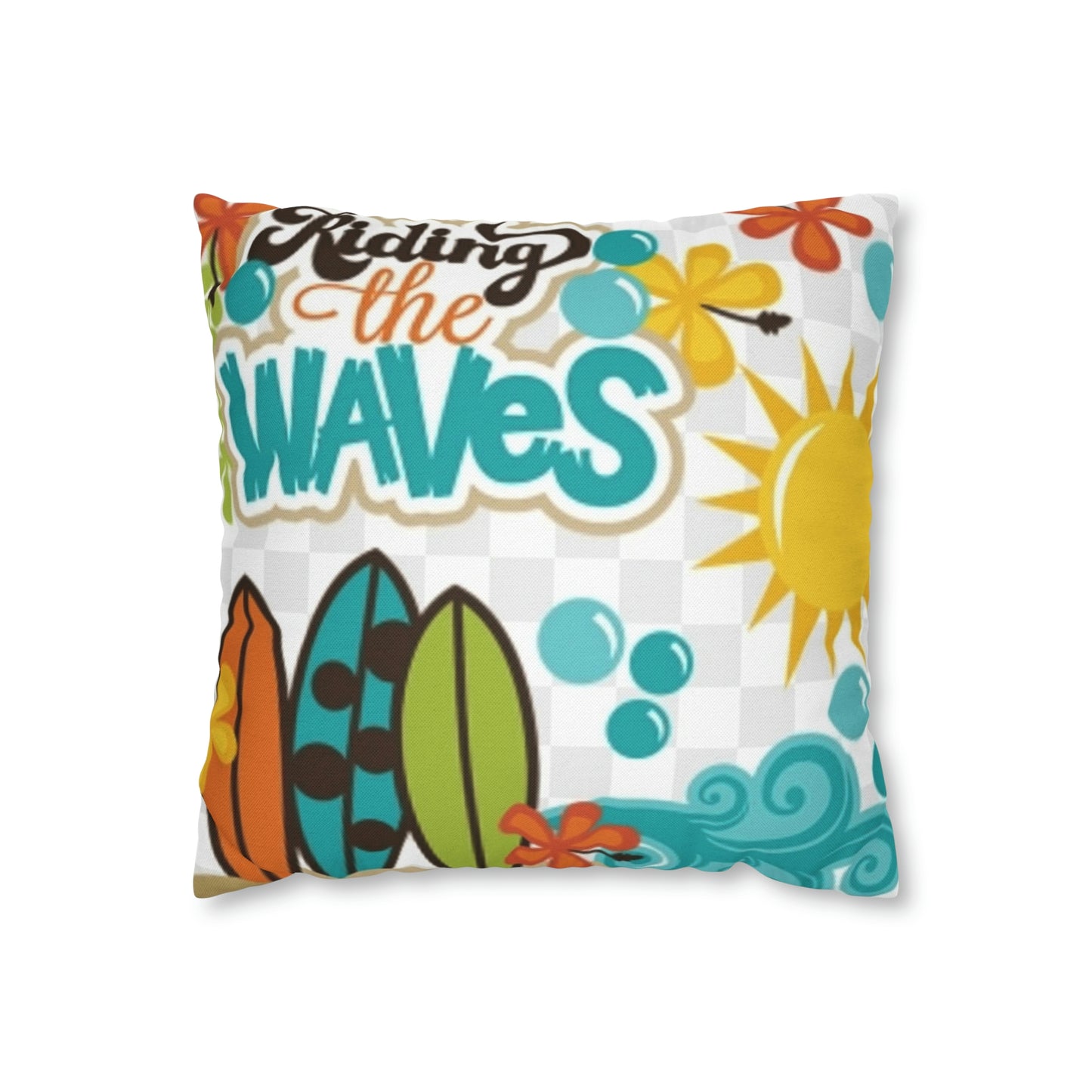 Turquoise Riding the wave Polyester Square Pillow | Spun Polyester Square Pillow Case | Surfboard | flower Décor pillow