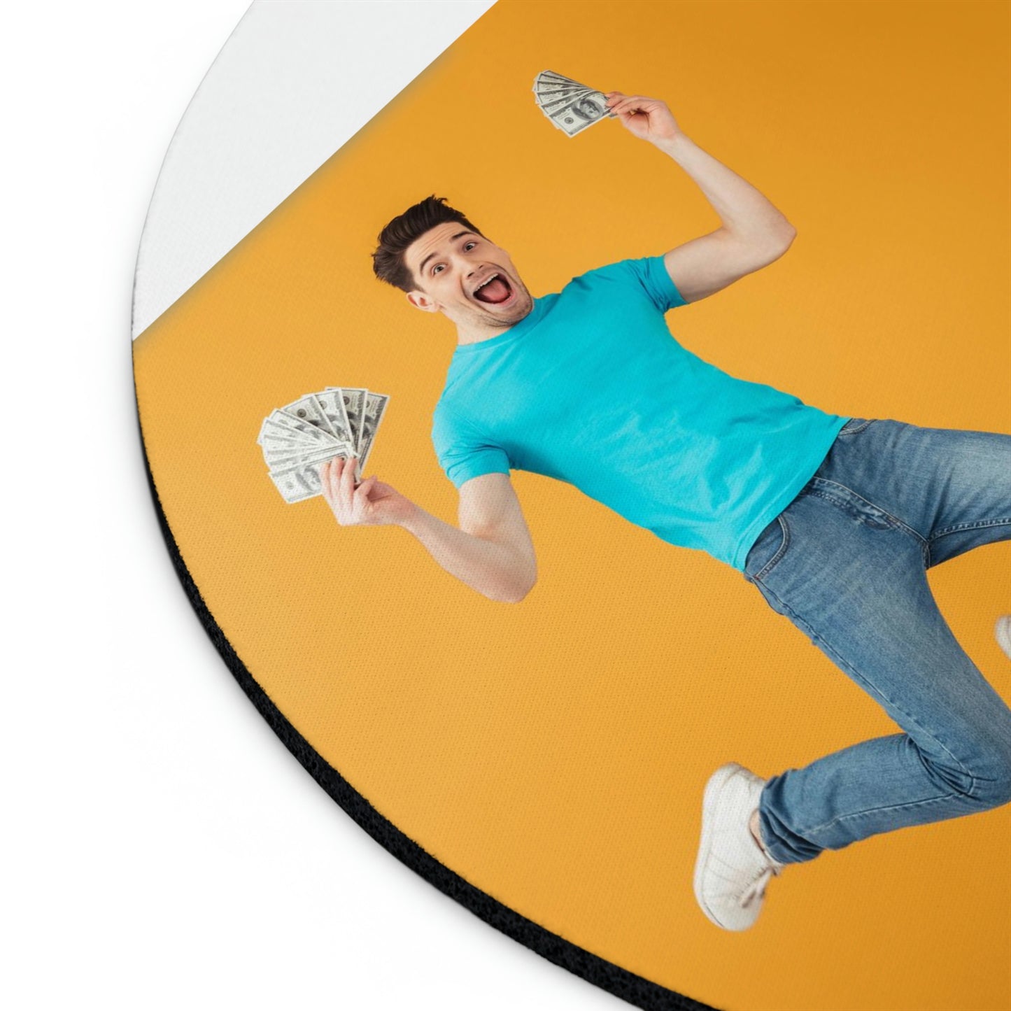 Get Your Finances Jumping with Joy: Circular Mouse Pad with Man Holding Money