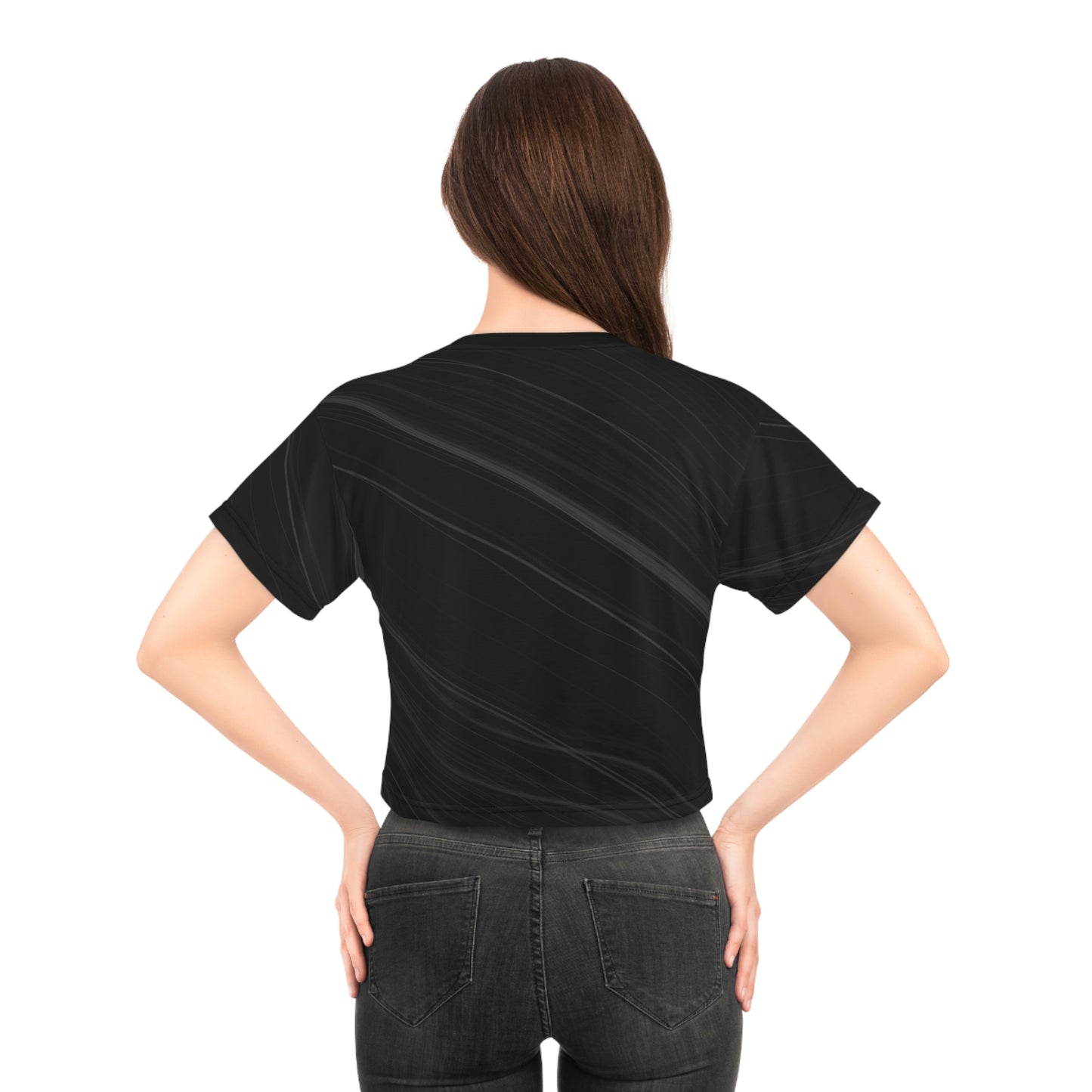 Women Black Pattern Short Sleeve Shirt Crop Tee