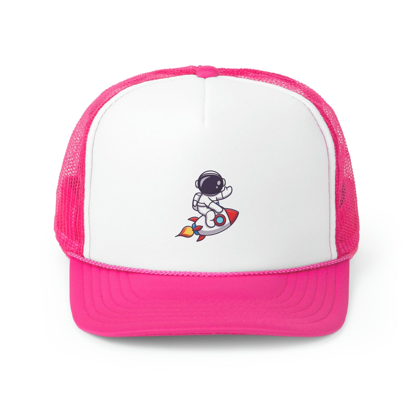 Hat Embark on a Cosmic Journey with Our Trucker Hat Featuring an Astronaut Riding a Spaceship