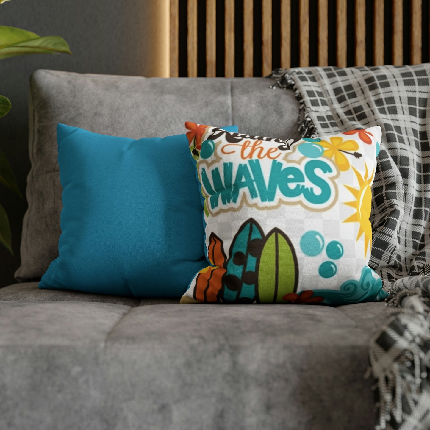 Turquoise Riding the wave Polyester Square Pillow | Spun Polyester Square Pillow Case | Surfboard | flower Décor pillow