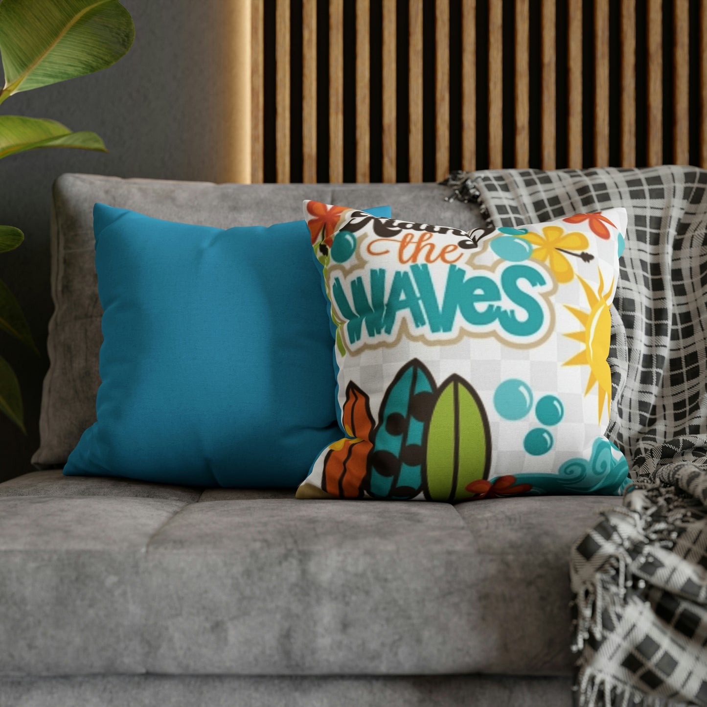 Turquoise Riding the wave Polyester Square Pillow | Spun Polyester Square Pillow Case | Surfboard | flower Décor pillow