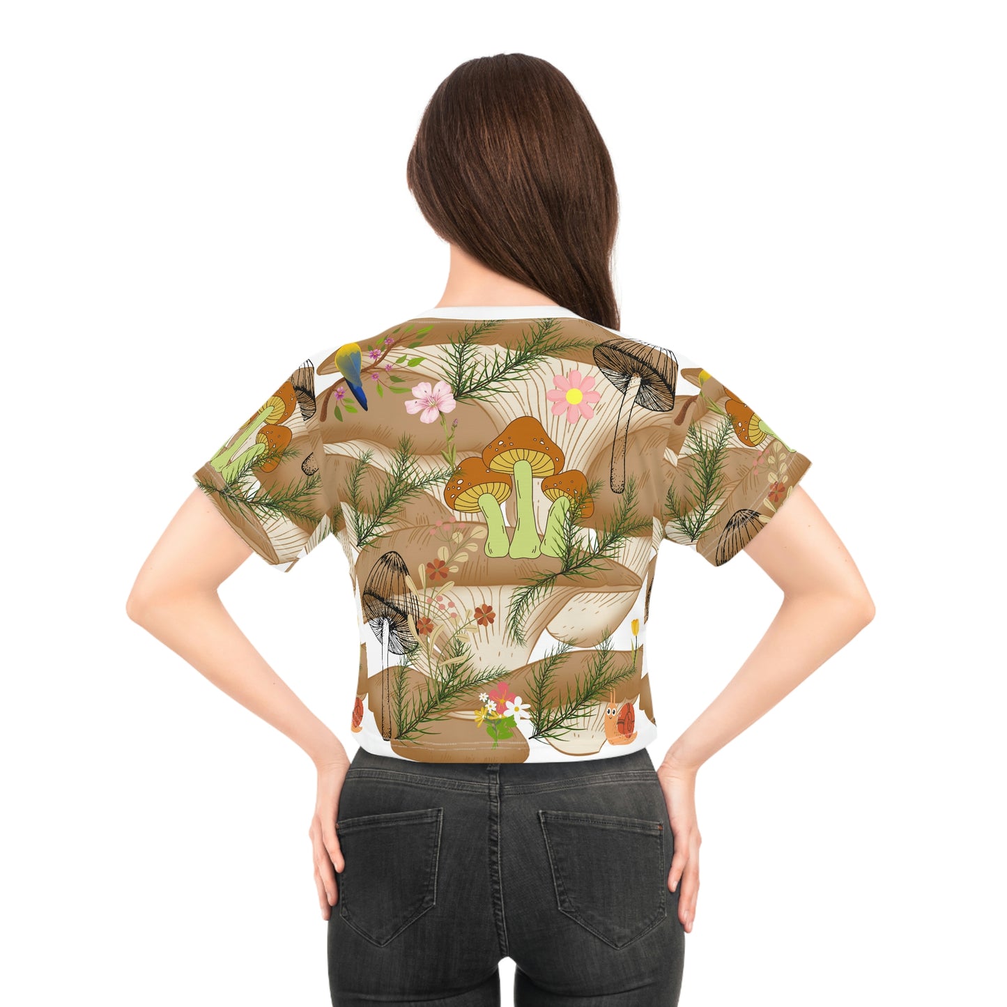 Bring Nature's Beauty to Your Wardrobe with a Women's T-Shirt Featuring Mushroom, Bird, and Flower Designs! AOP Crop Tee