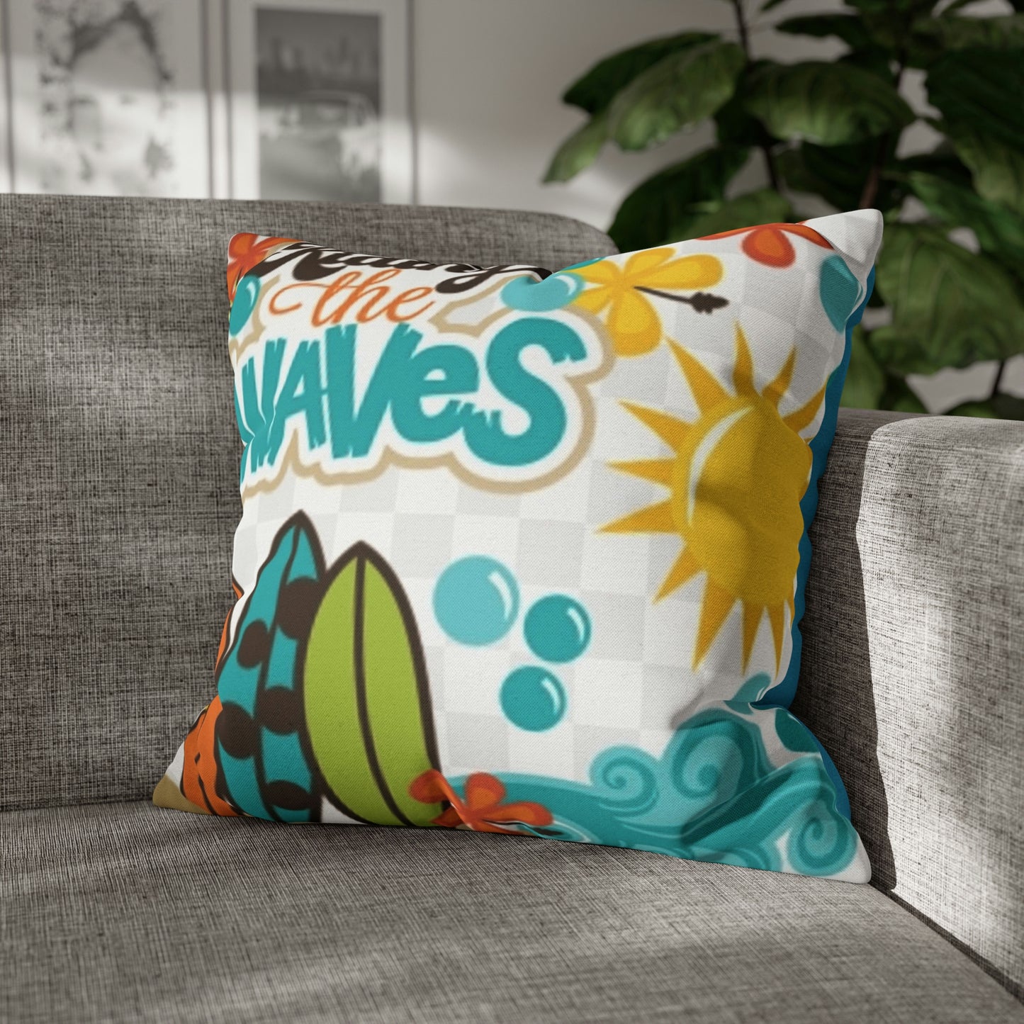 Turquoise Riding the wave Polyester Square Pillow | Spun Polyester Square Pillow Case | Surfboard | flower Décor pillow