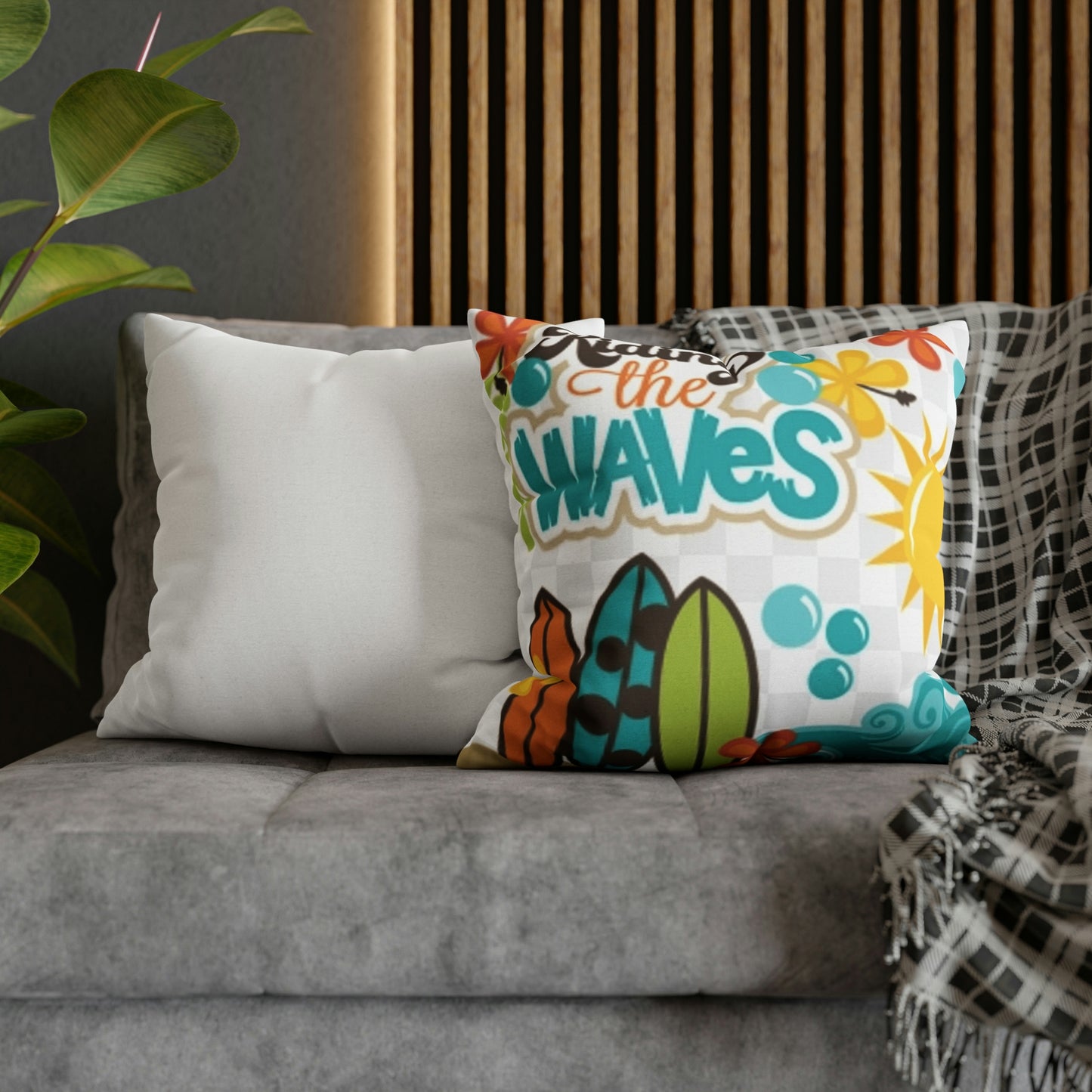 White Riding the wave Polyester Square Pillow | Spun Polyester Square Pillow Case | Surfboard | flower Décor pillow