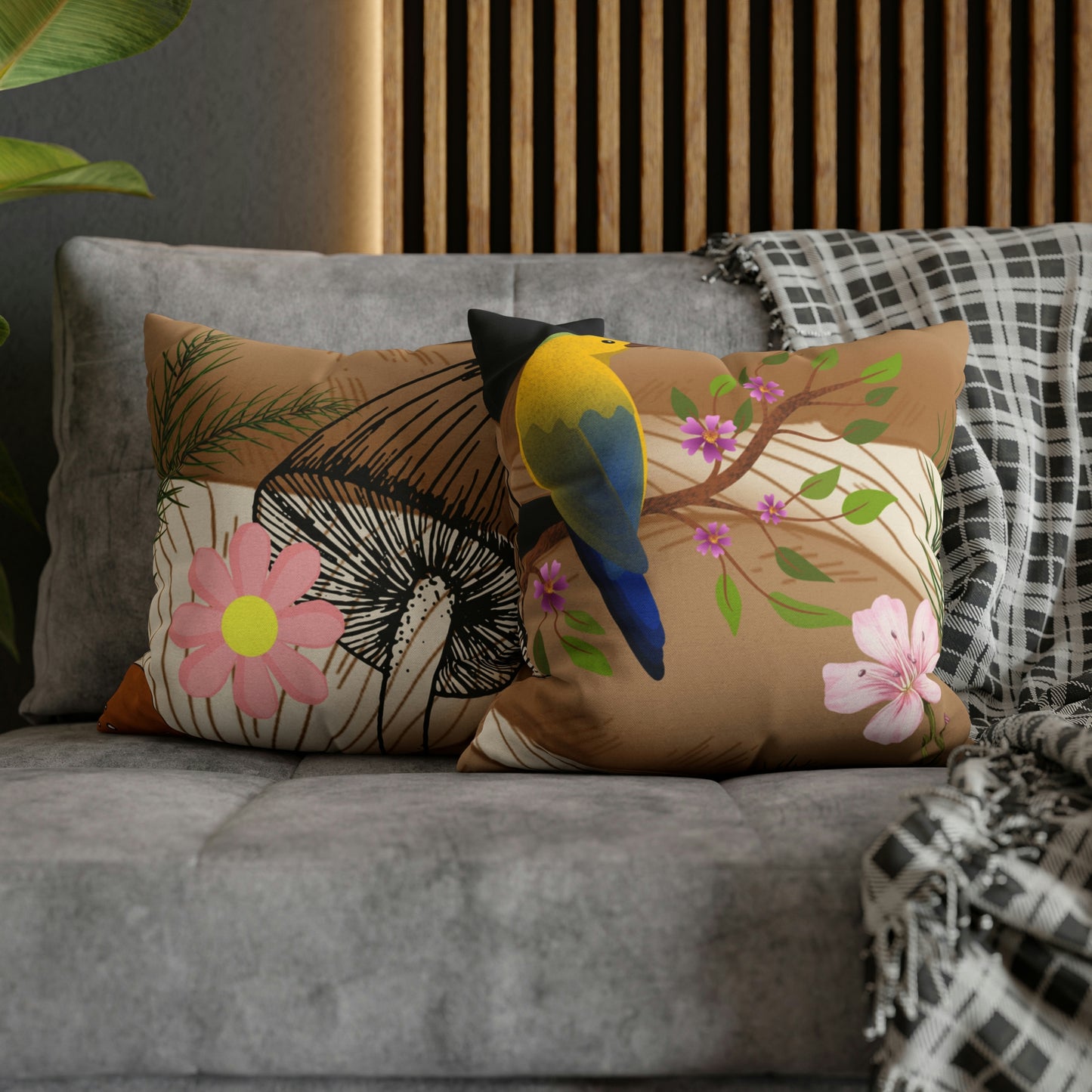Mushroom Polyester Square Pillow | Spun Polyester Square Pillow Case | flower Playing card | Bird Décor pillow