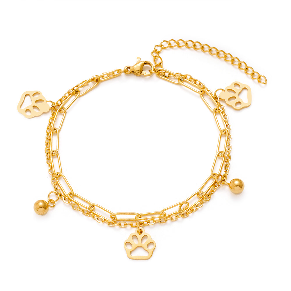 Double Layer Gold Stainless Steel Chain Bracelet Butterfly Heart Dog Paw Tree Of Life Charm Bracelets For Women