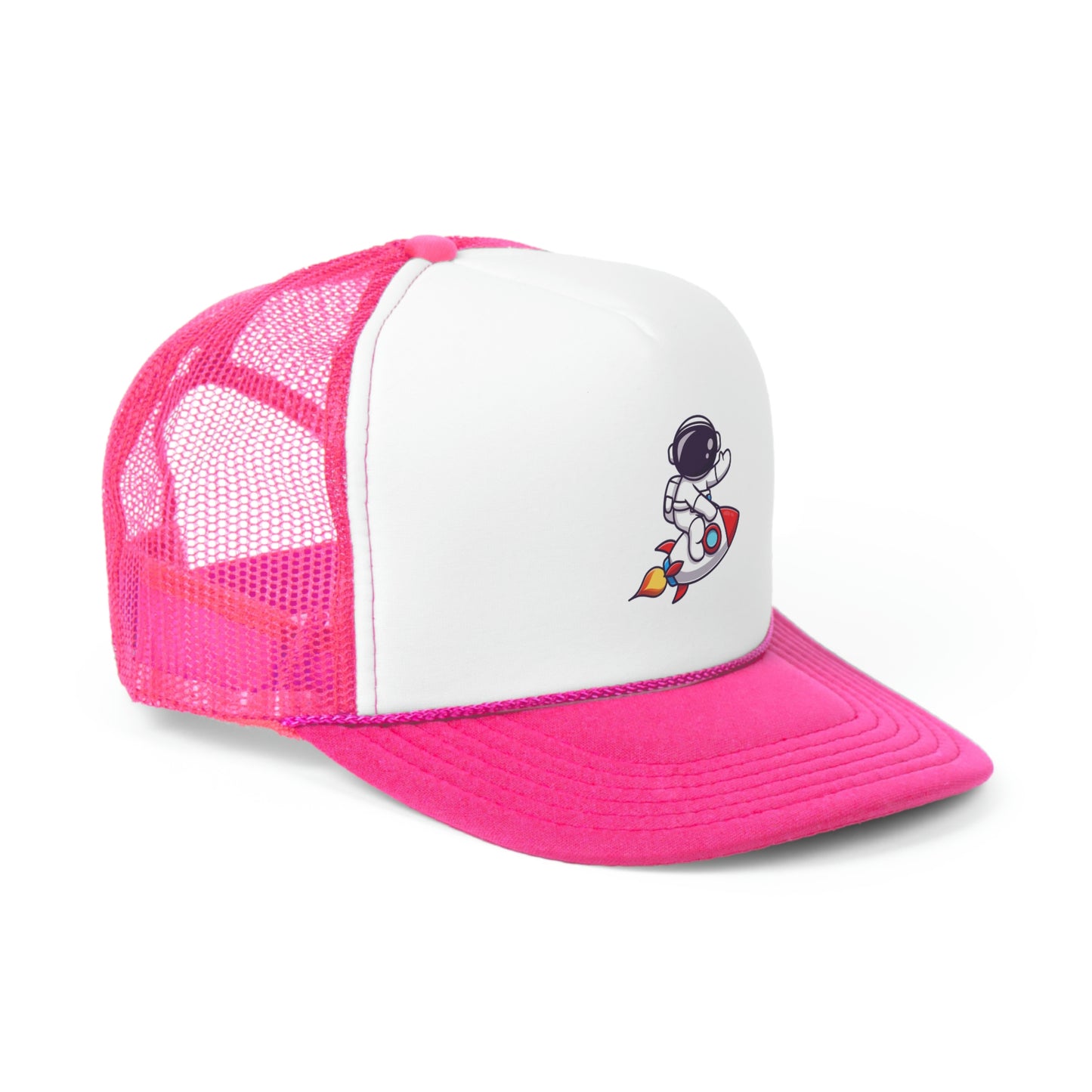 Hat Embark on a Cosmic Journey with Our Trucker Hat Featuring an Astronaut Riding a Spaceship