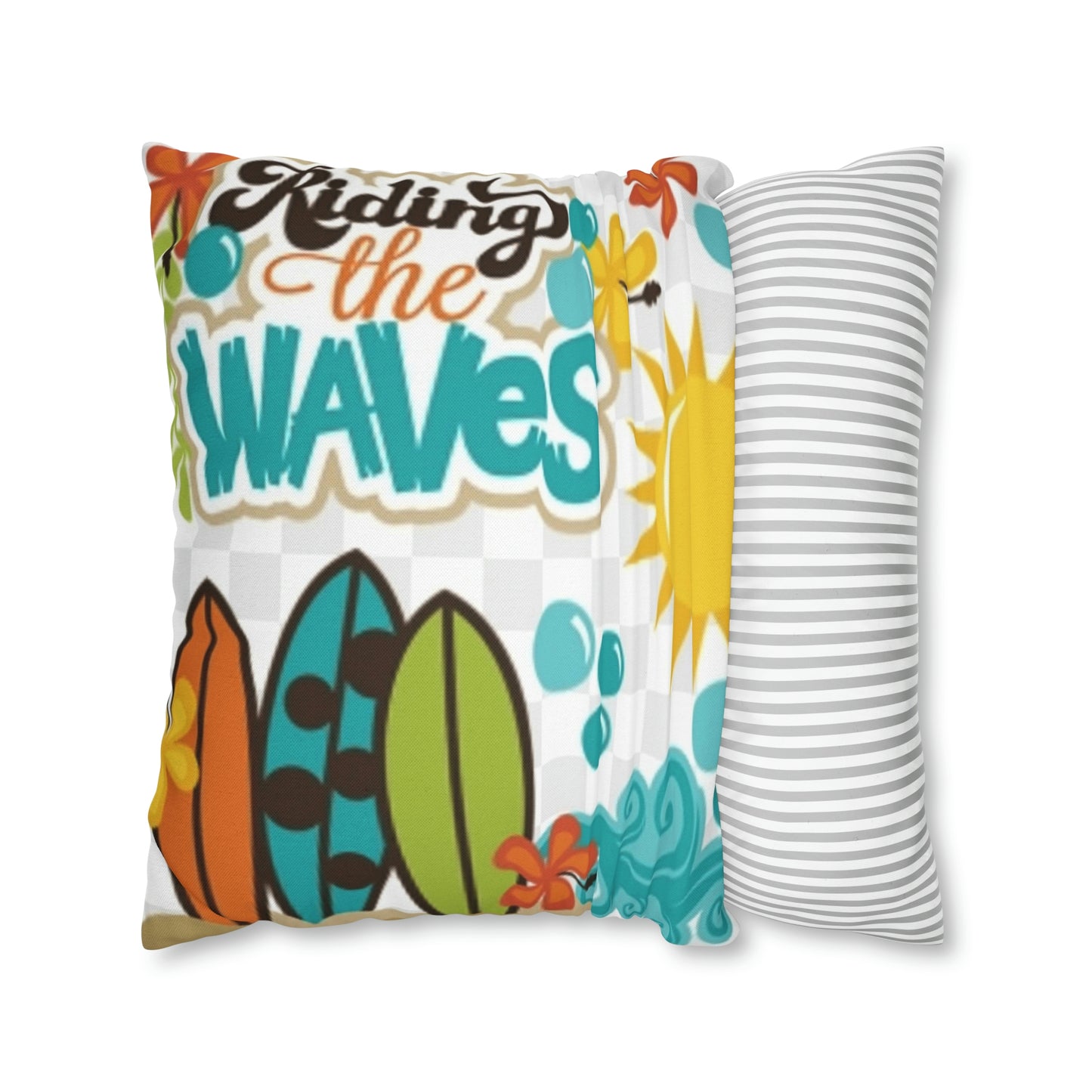 Turquoise Riding the wave Polyester Square Pillow | Spun Polyester Square Pillow Case | Surfboard | flower Décor pillow