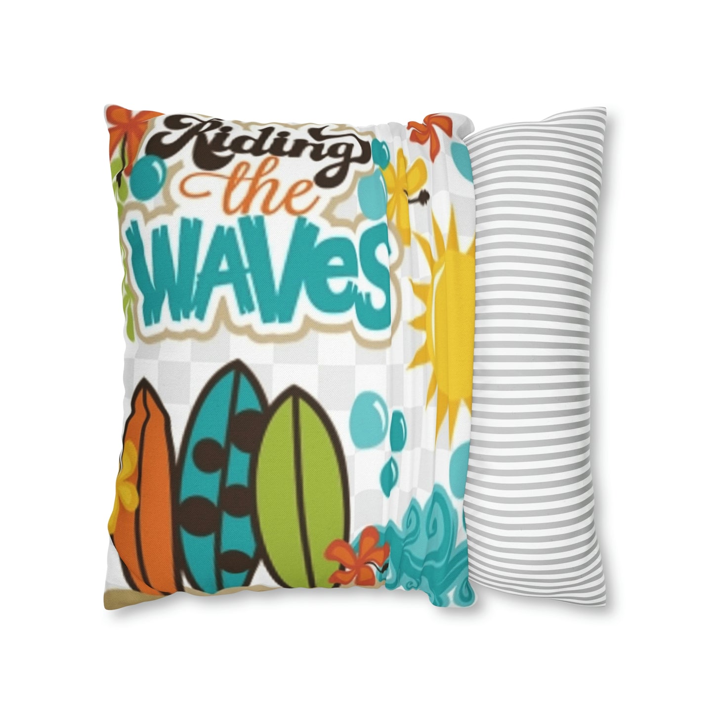Turquoise Riding the wave Polyester Square Pillow | Spun Polyester Square Pillow Case | Surfboard | flower Décor pillow