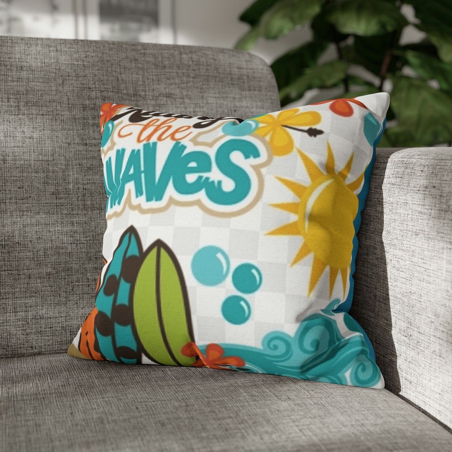 Turquoise Riding the wave Polyester Square Pillow | Spun Polyester Square Pillow Case | Surfboard | flower Décor pillow
