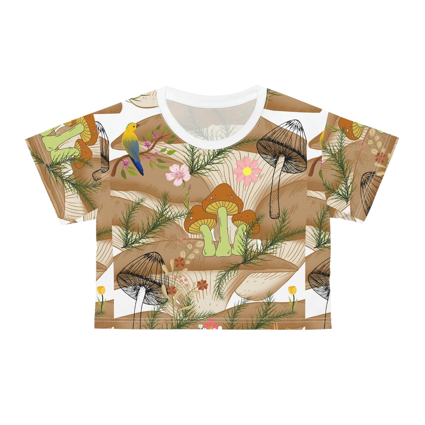 Bring Nature's Beauty to Your Wardrobe with a Women's T-Shirt Featuring Mushroom, Bird, and Flower Designs! AOP Crop Tee