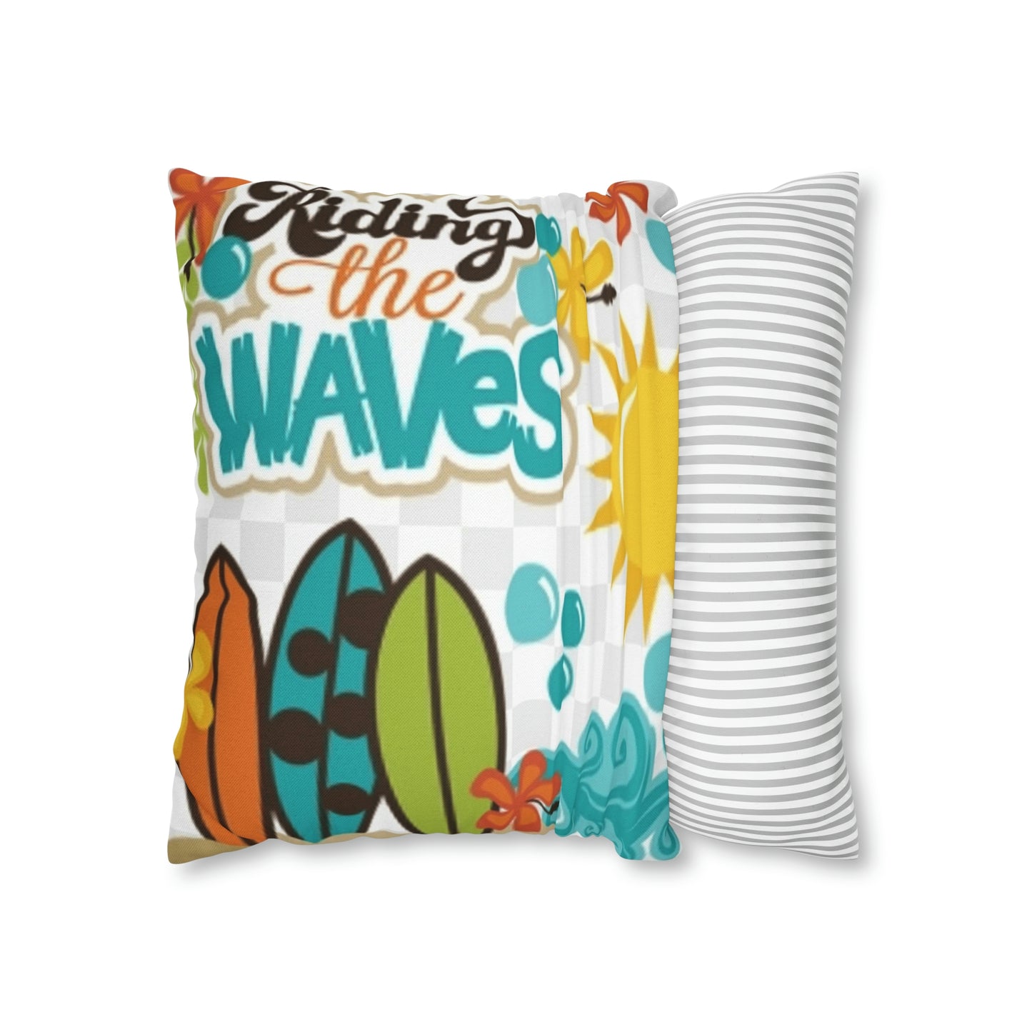 Turquoise Riding the wave Polyester Square Pillow | Spun Polyester Square Pillow Case | Surfboard | flower Décor pillow