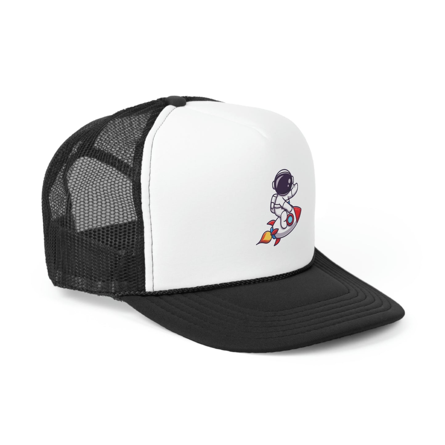Hat Embark on a Cosmic Journey with Our Trucker Hat Featuring an Astronaut Riding a Spaceship