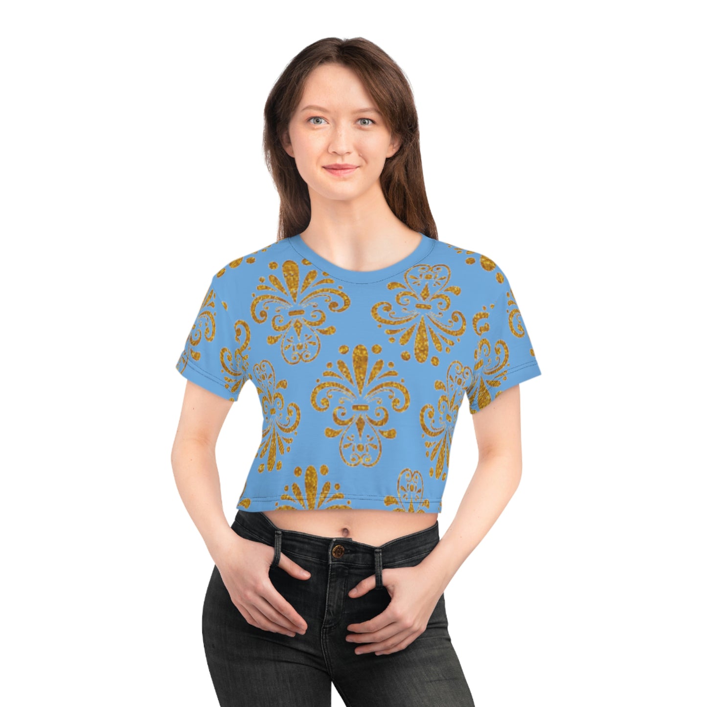 Women Blue and Gold Pattern Short Sleeve Shirt Crop Tee