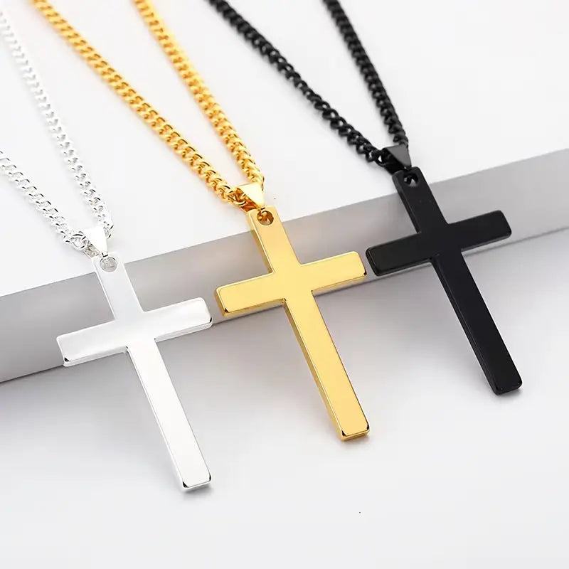 Cross Men's Stainless Steel Cuban Chain Necklace Simple Cross Golden-Black-Silver