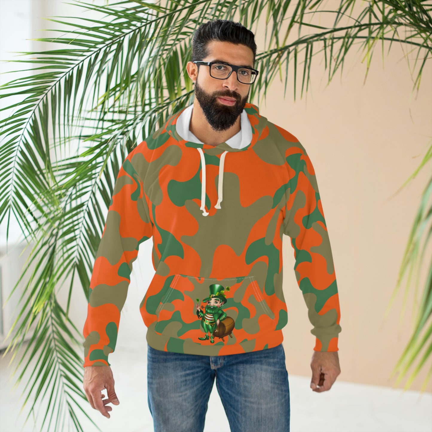 Hoodie Orange AOP Unisex Pullover Hoodie, Camouflage Hoodie, Green man Irish St. Patrick's Day ,For Men and Women