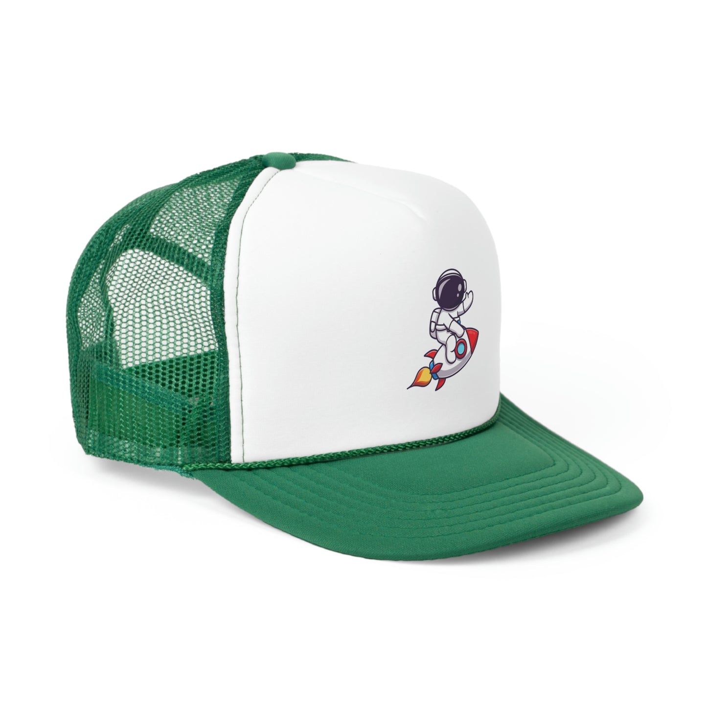 Hat Embark on a Cosmic Journey with Our Trucker Hat Featuring an Astronaut Riding a Spaceship