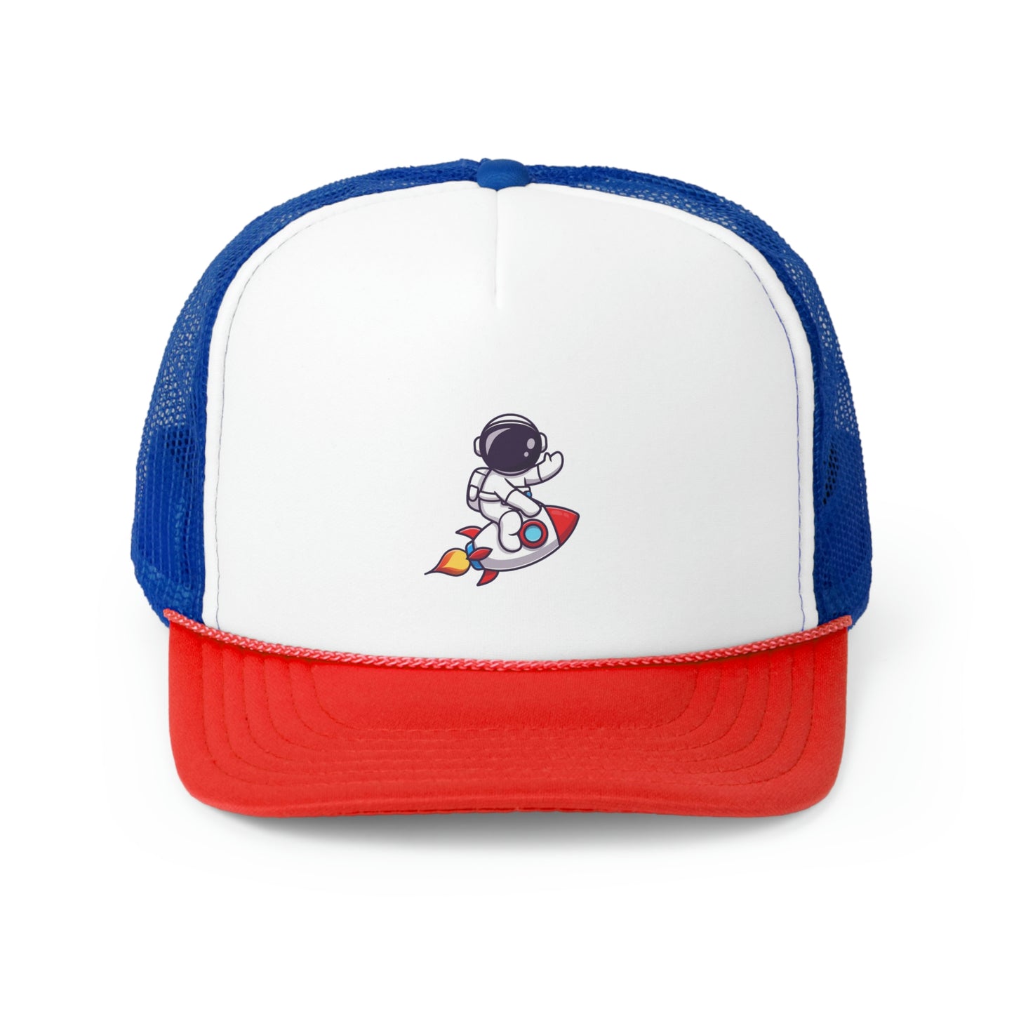 Hat Embark on a Cosmic Journey with Our Trucker Hat Featuring an Astronaut Riding a Spaceship