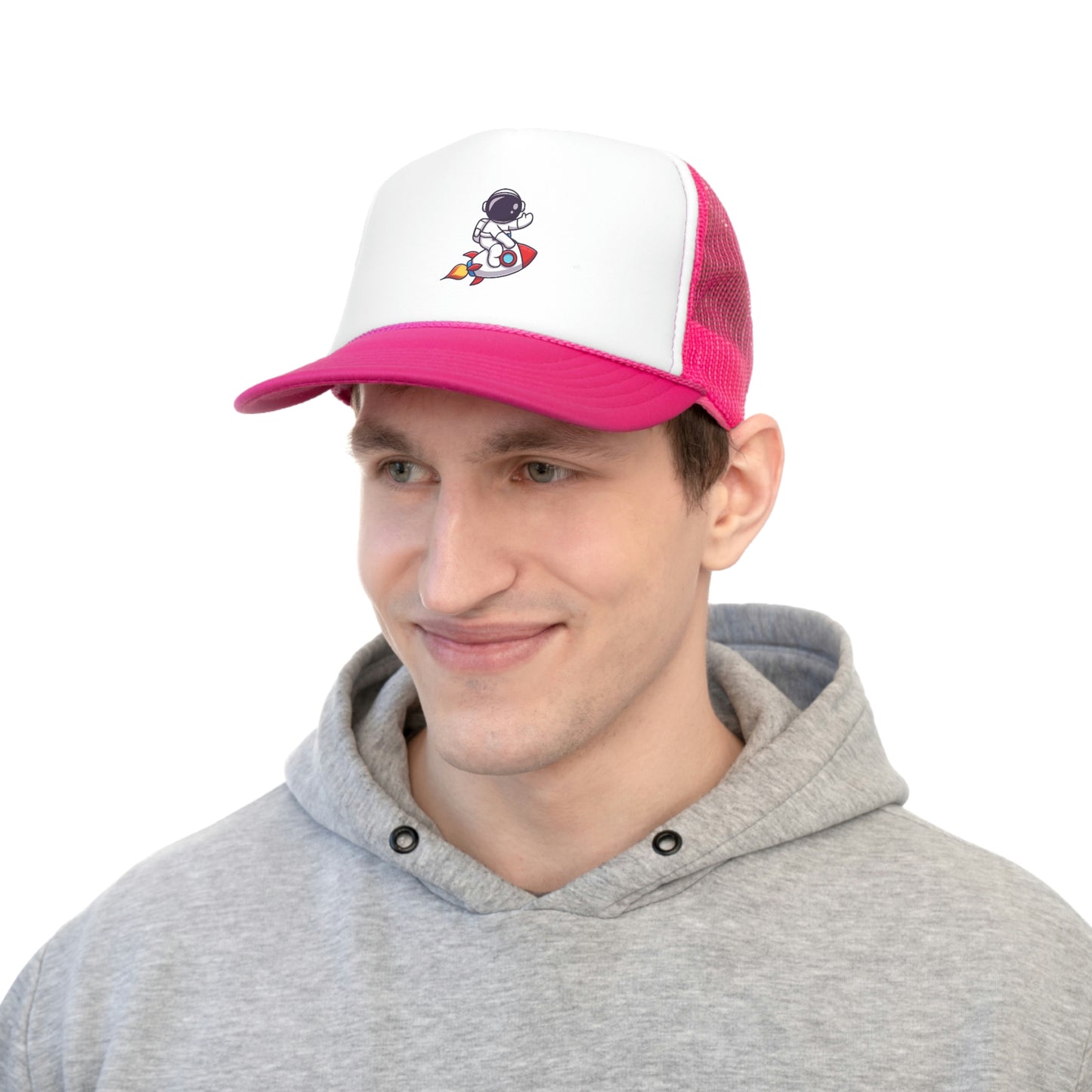 Hat Embark on a Cosmic Journey with Our Trucker Hat Featuring an Astronaut Riding a Spaceship