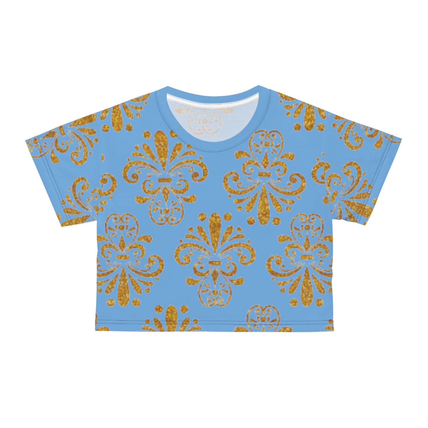 Women Blue and Gold Pattern Short Sleeve Shirt Crop Tee