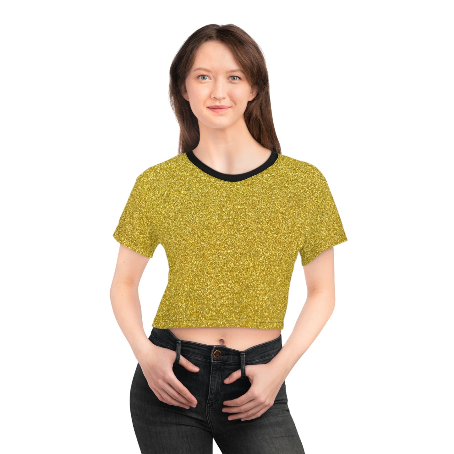 Women Black and Gold Pattern Short Sleeve Shirt Crop Tee