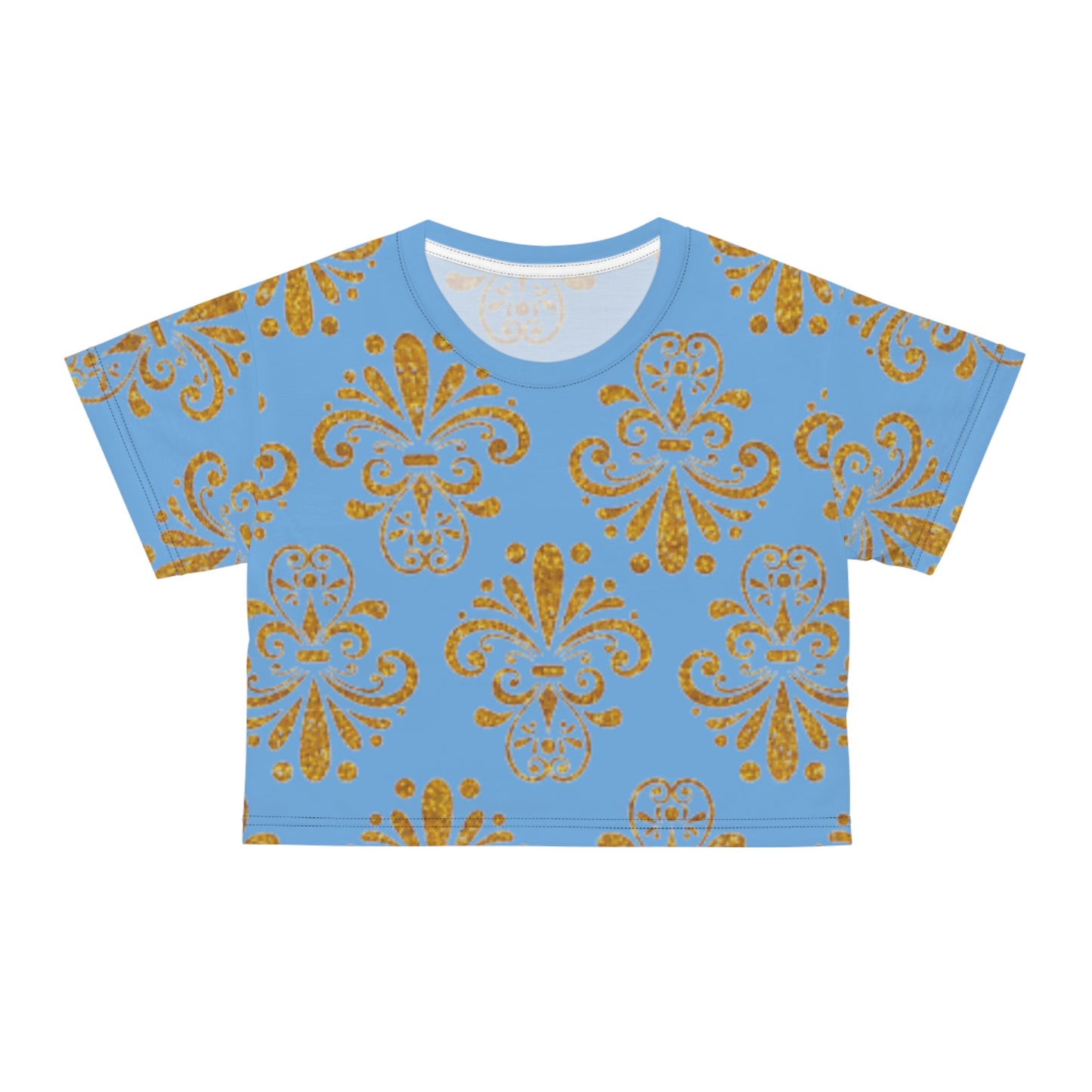 Women Blue and Gold Pattern Short Sleeve Shirt Crop Tee