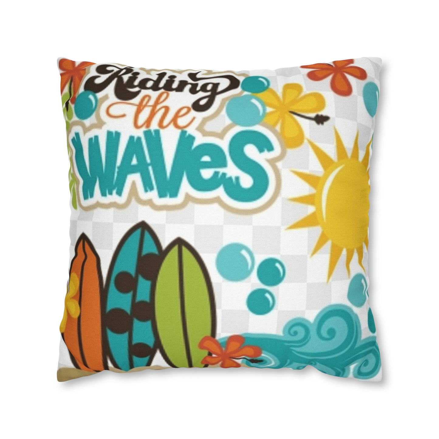 Turquoise Riding the wave Polyester Square Pillow | Spun Polyester Square Pillow Case | Surfboard | flower Décor pillow