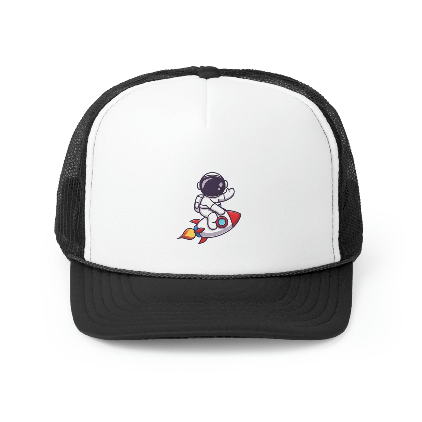 Hat Embark on a Cosmic Journey with Our Trucker Hat Featuring an Astronaut Riding a Spaceship