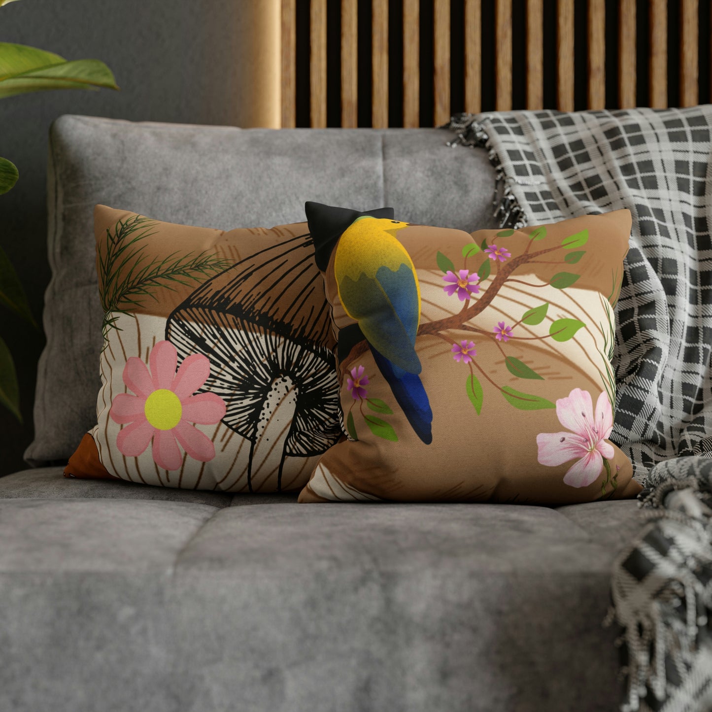 Mushroom Polyester Square Pillow | Spun Polyester Square Pillow Case | flower Playing card | Bird Décor pillow