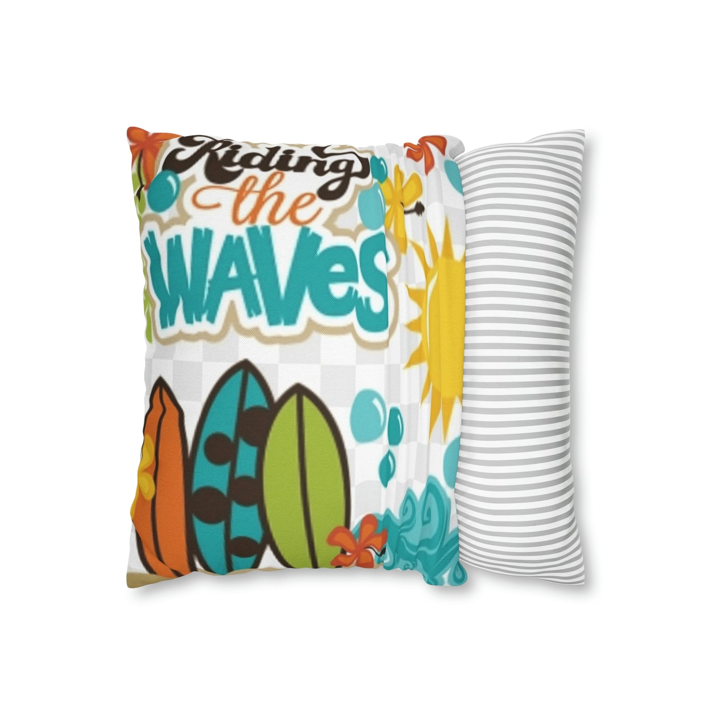 Turquoise Riding the wave Polyester Square Pillow | Spun Polyester Square Pillow Case | Surfboard | flower Décor pillow