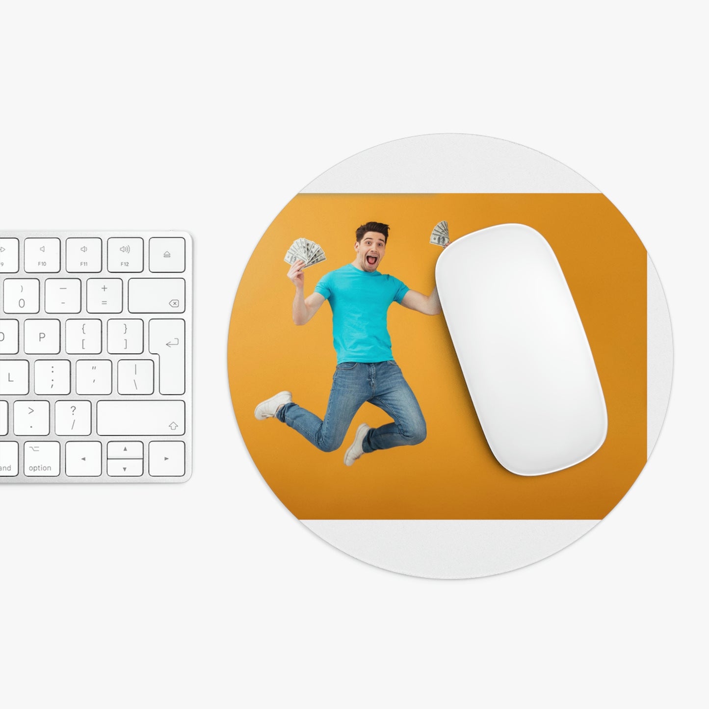 Get Your Finances Jumping with Joy: Circular Mouse Pad with Man Holding Money
